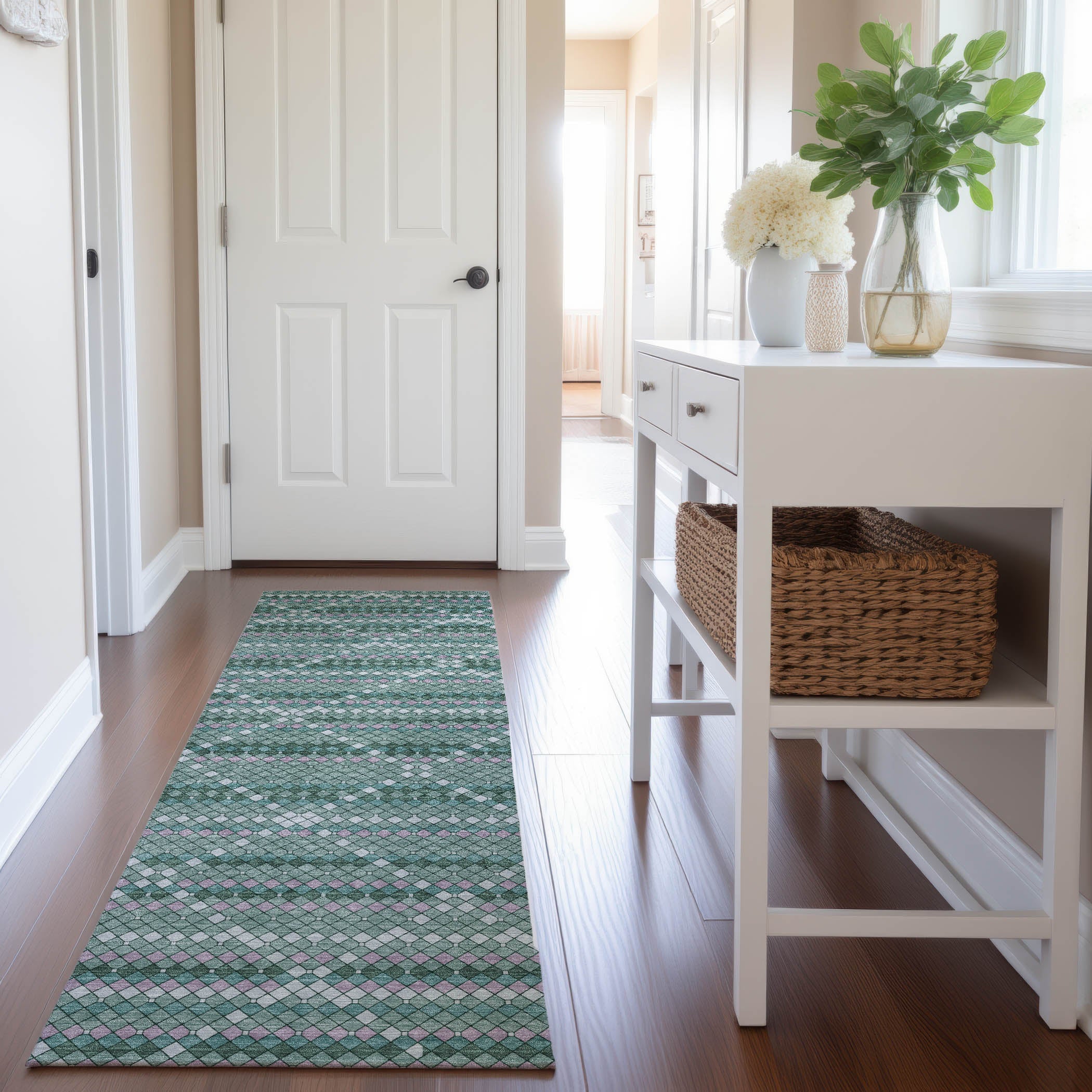 Bangkok Machine Washable Transitional Teal Rug 2'3" x 7'6" #shape_Runner