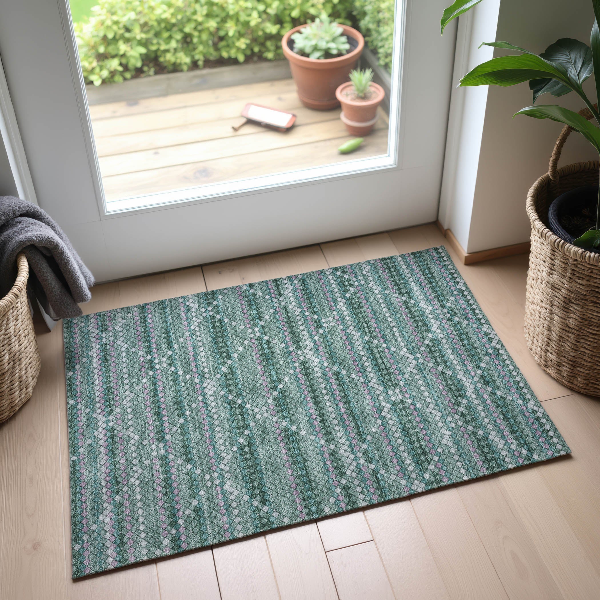 Bangkok Machine Washable Transitional Teal Rug 1'8" x 2'6" #shape_Rectangle