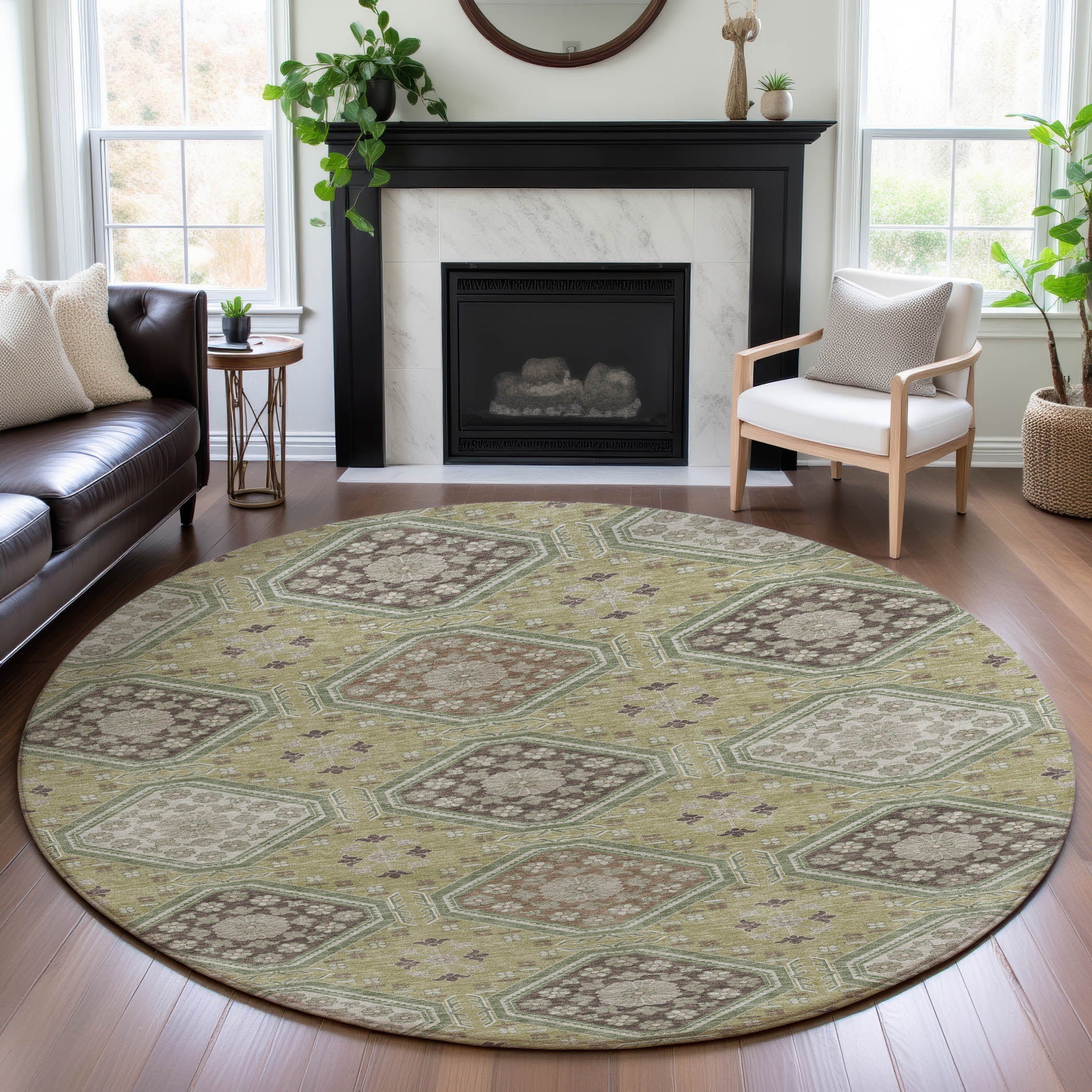 Oaxaca Machine Washable Transitional Aloe Green Rug 8' x 8' #shape_Round