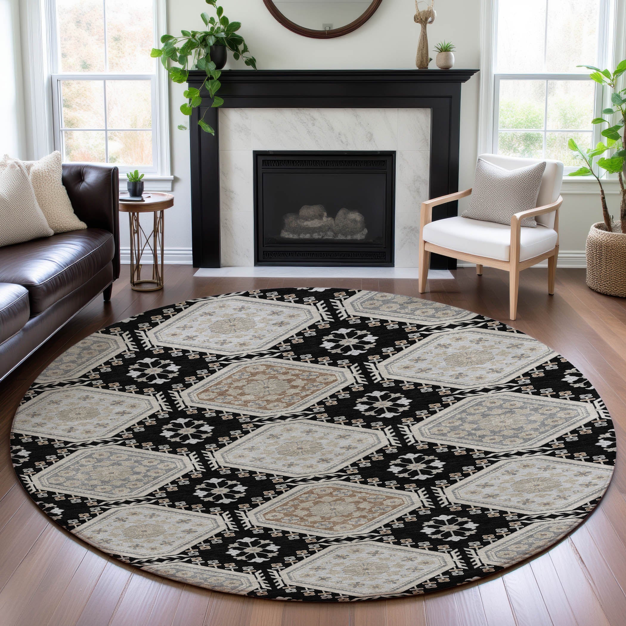Oaxaca Machine Washable Transitional Black Rug 8' x 8' #shape_Round