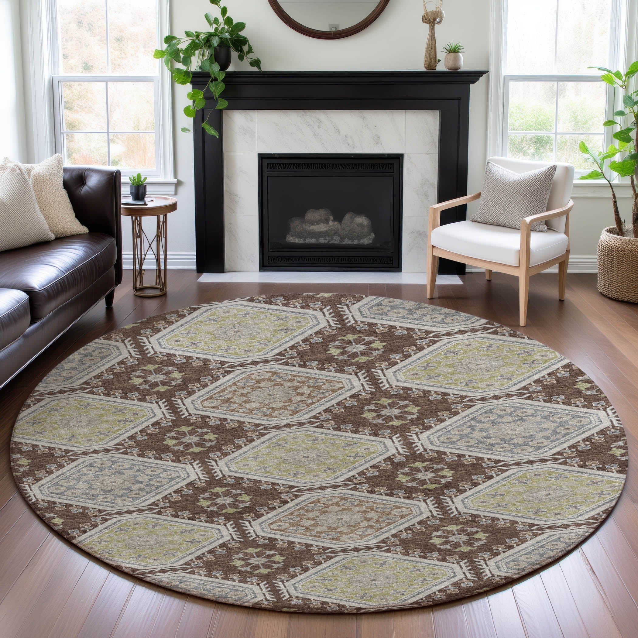 Oaxaca Machine Washable Transitional Chocolate Brown Rug 8' x 8' #shape_Round