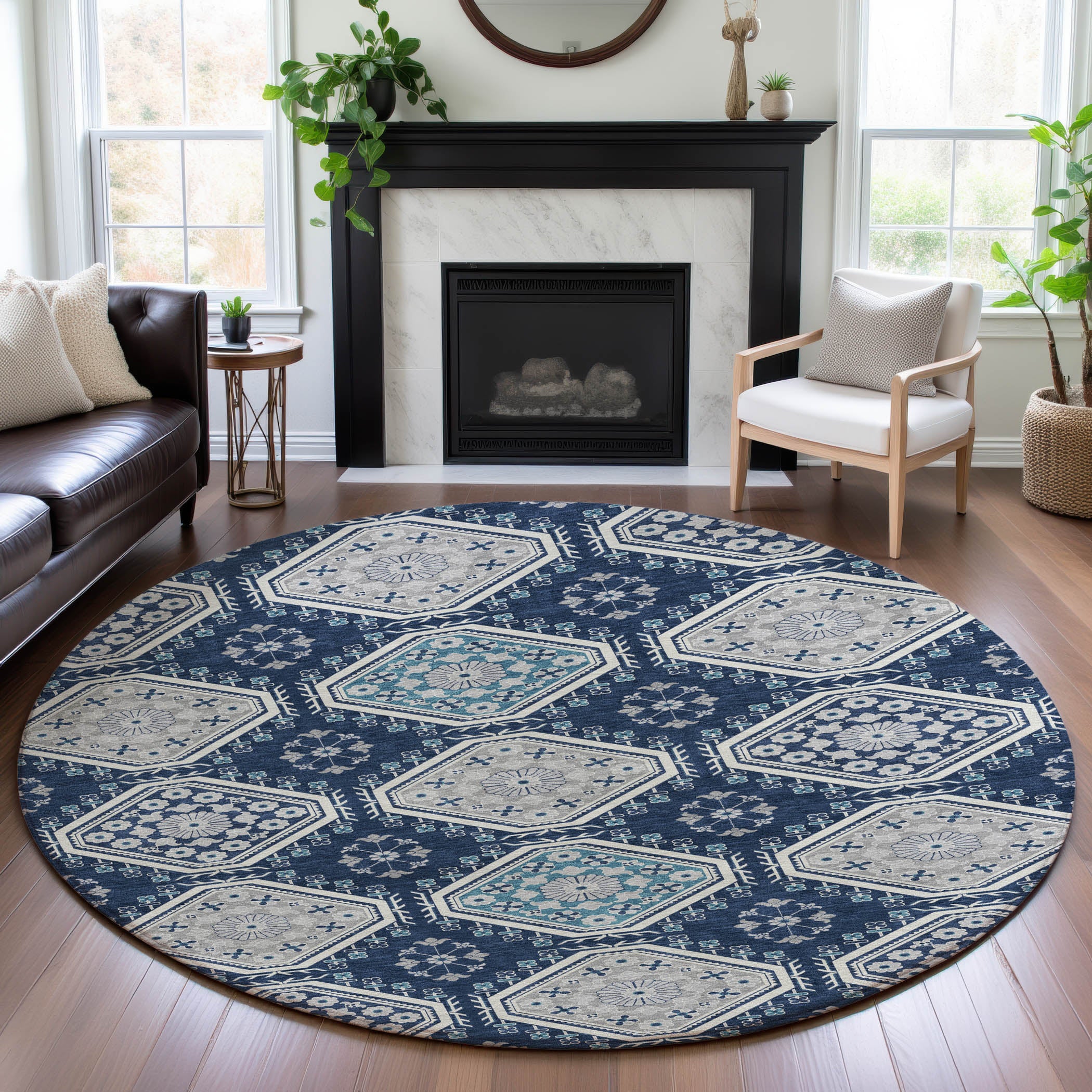 Oaxaca Machine Washable Transitional Navy Blue Rug 8' x 8' #shape_Round