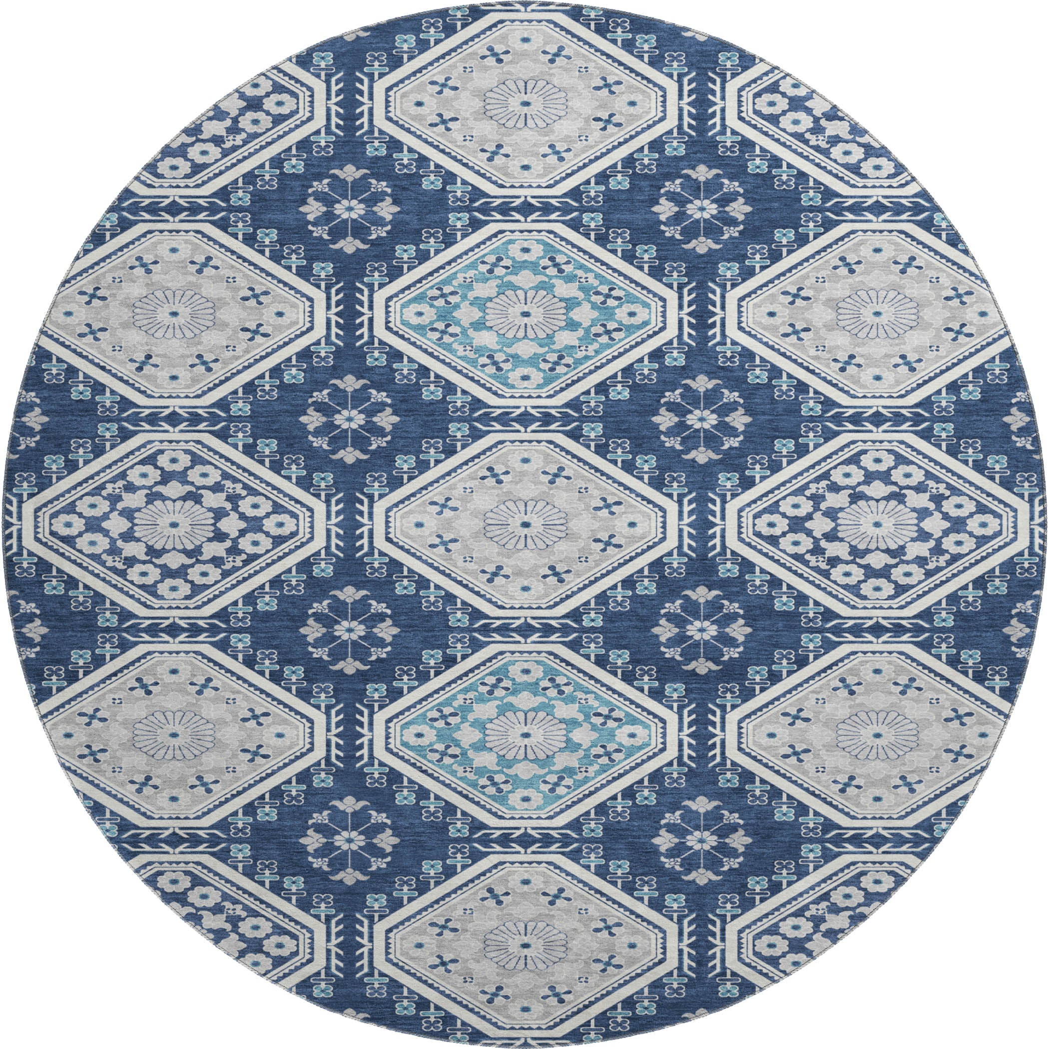 Oaxaca Machine Washable Transitional Navy Blue Rug 8' x 8' #shape_Round