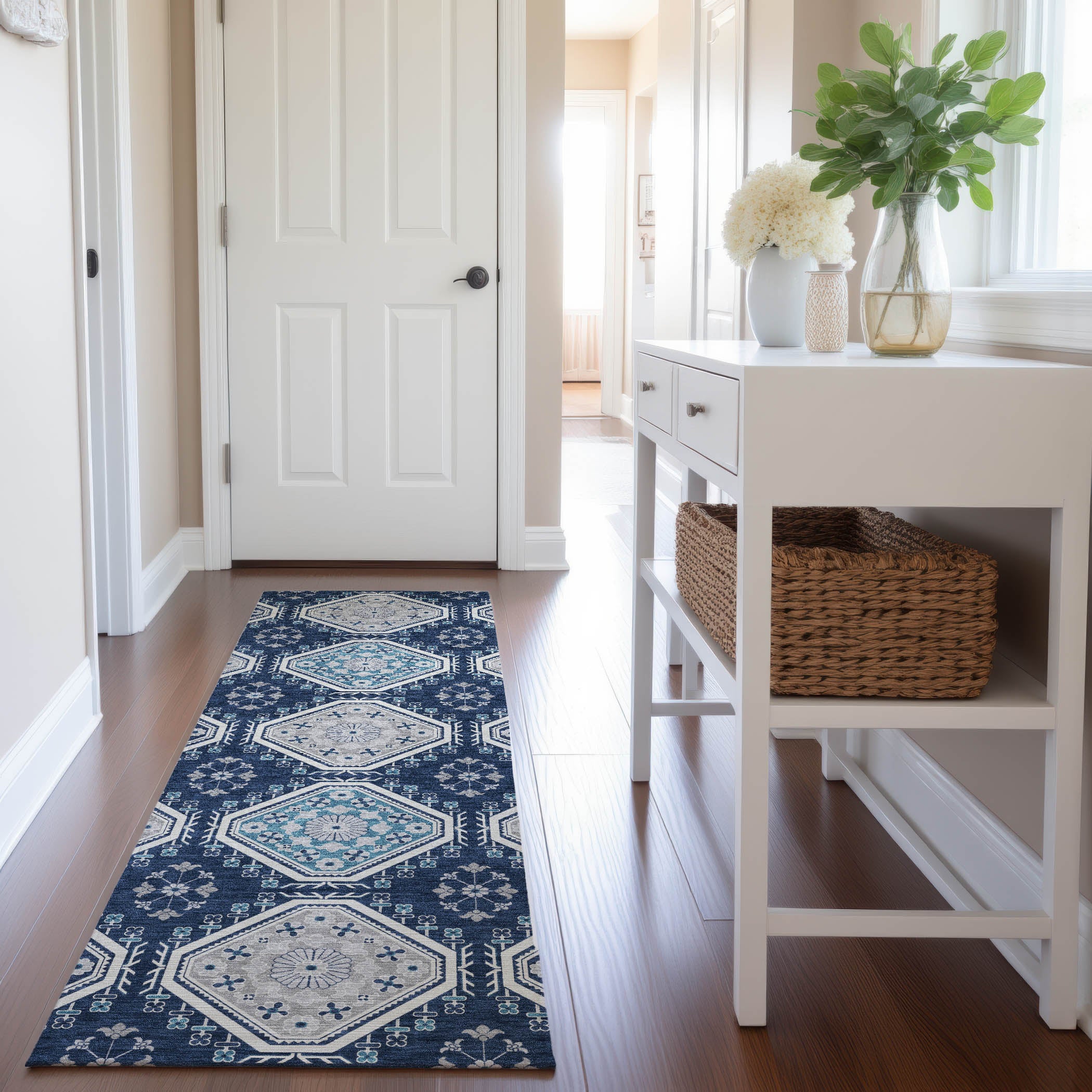 Oaxaca Machine Washable Transitional Navy Blue Rug 2'3" x 7'6" #shape_Runner