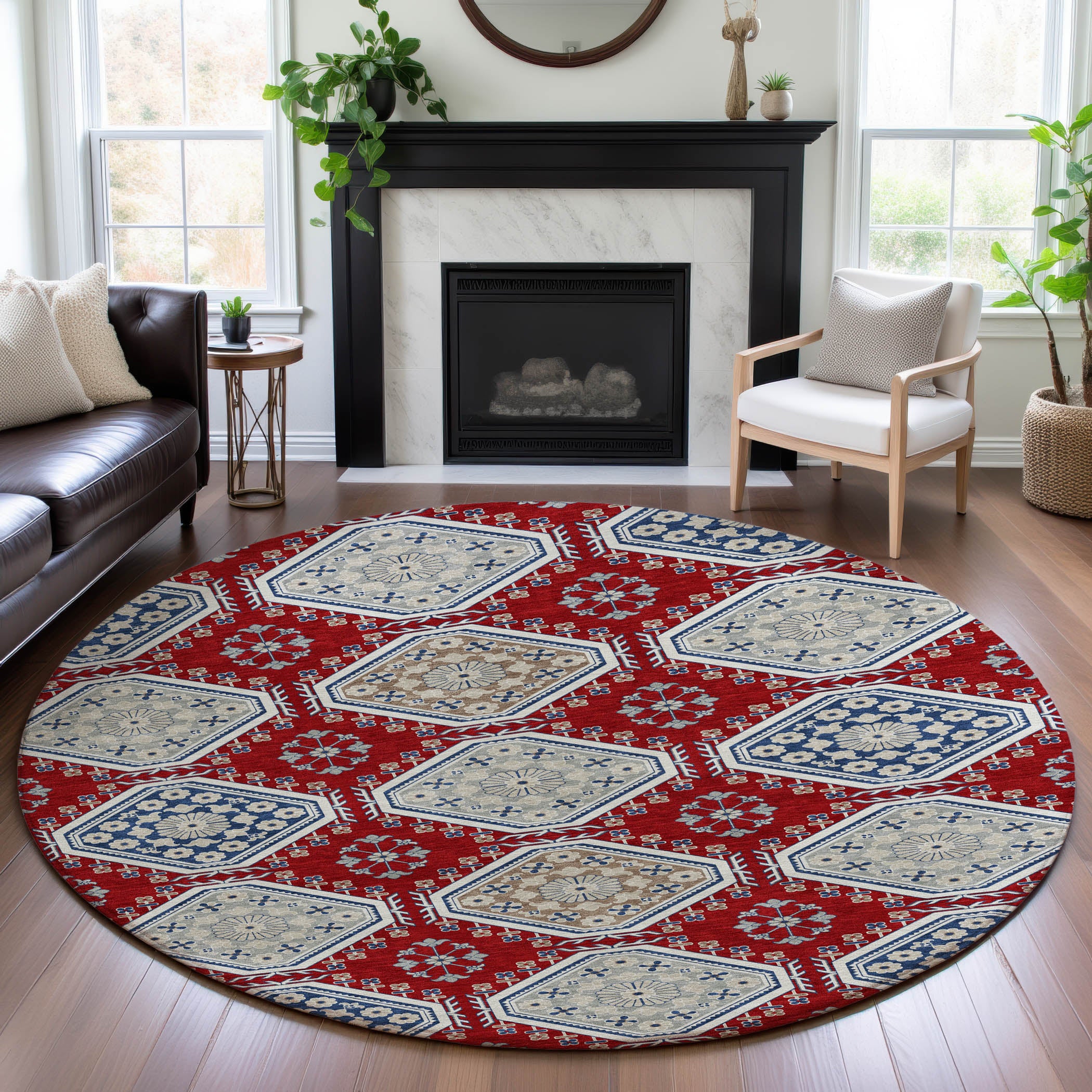 Oaxaca Machine Washable Transitional Red Rug 8' x 8' #shape_Round