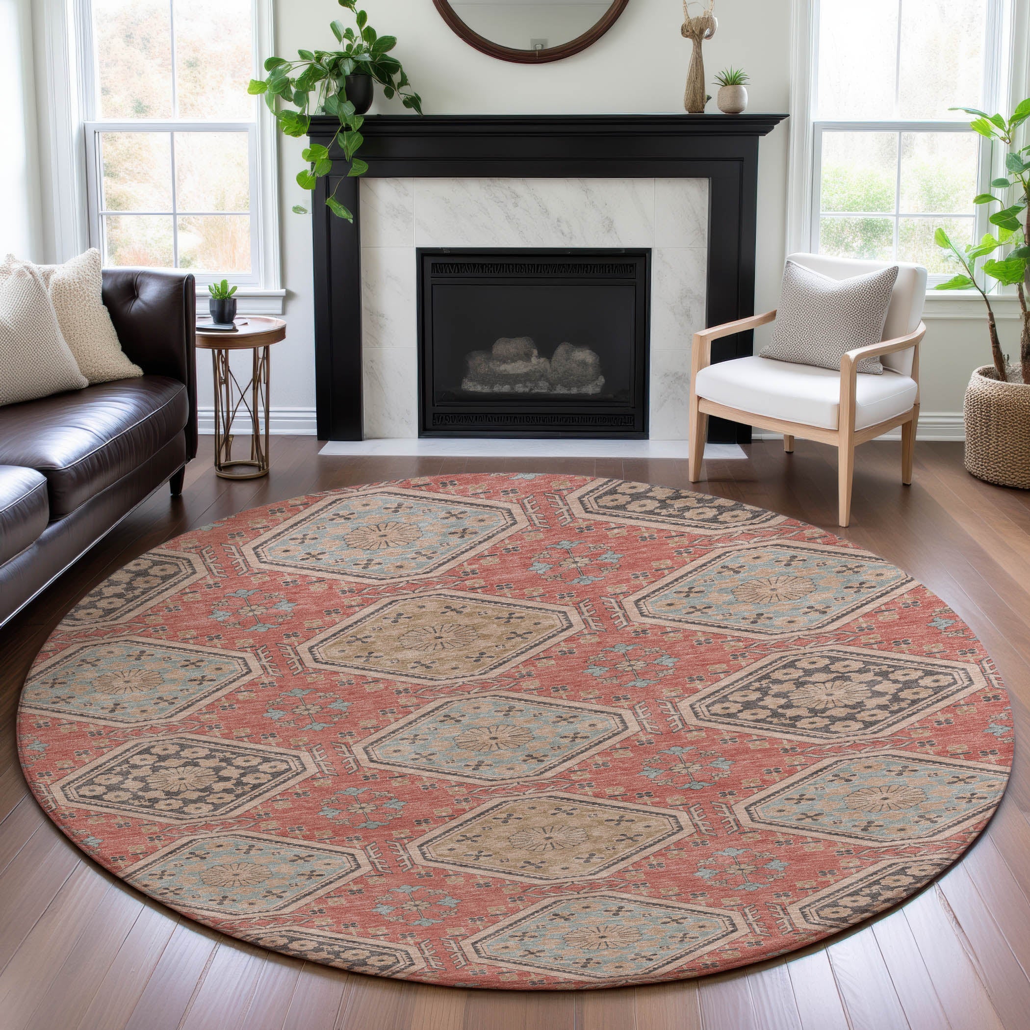 Oaxaca Machine Washable Transitional Salmon Orange Rug 8' x 8' #shape_Round