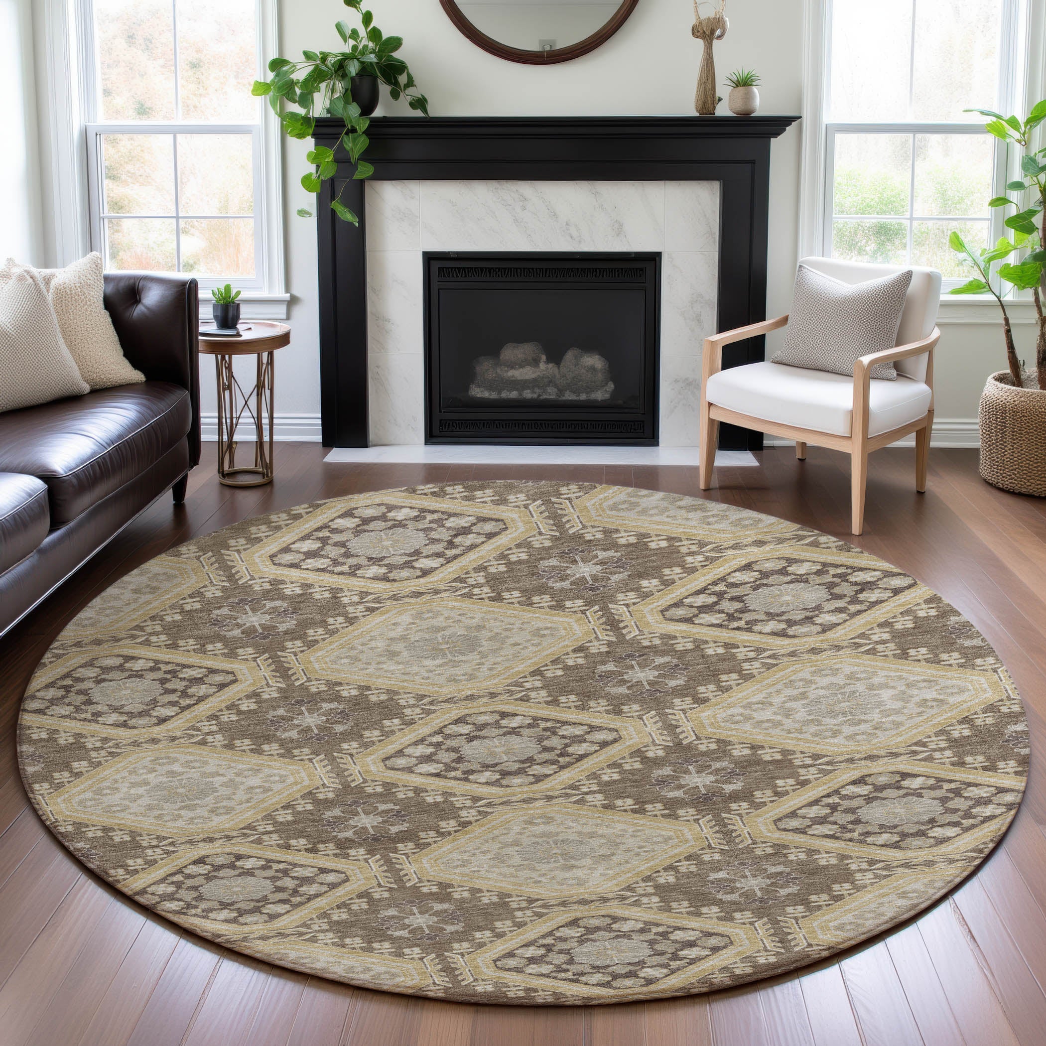 Oaxaca Machine Washable Transitional Taupe Brown Rug 8' x 8' #shape_Round