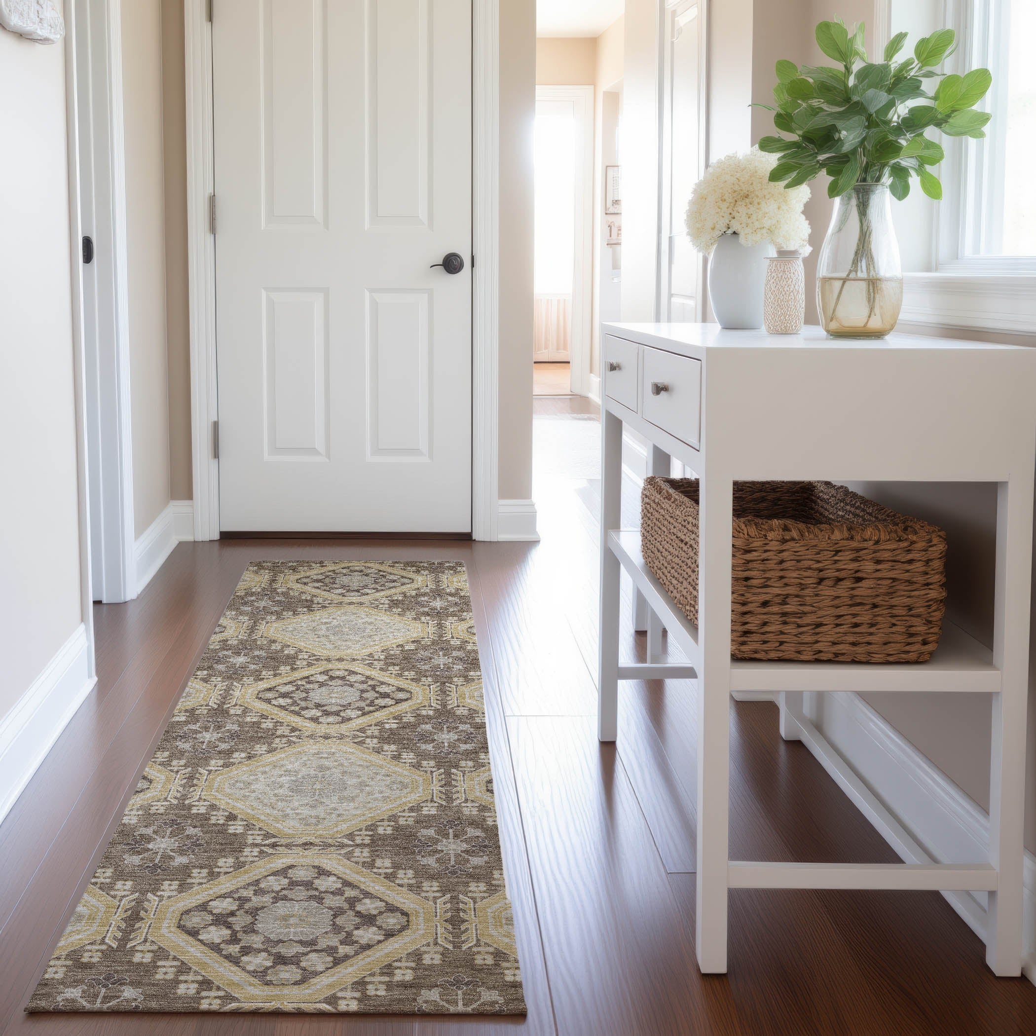 Oaxaca Machine Washable Transitional Taupe Brown Rug 2'3" x 7'6" #shape_Runner