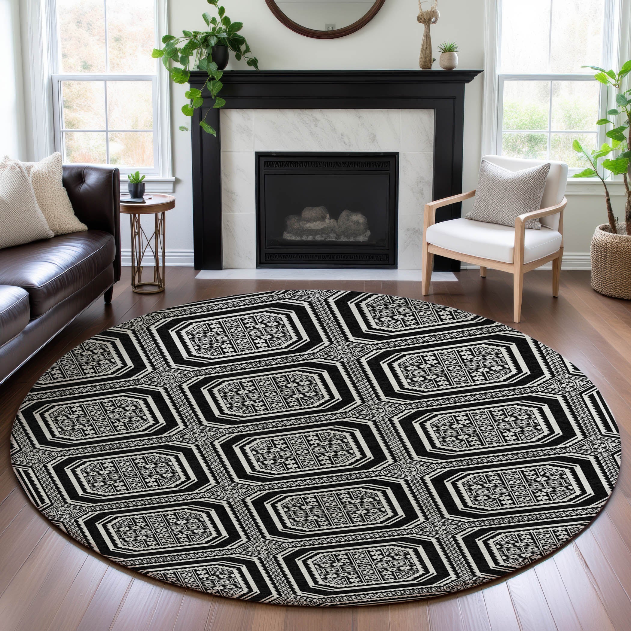 Kyoto Machine Washable Transitional Black Rug 8' x 8' #shape_Round