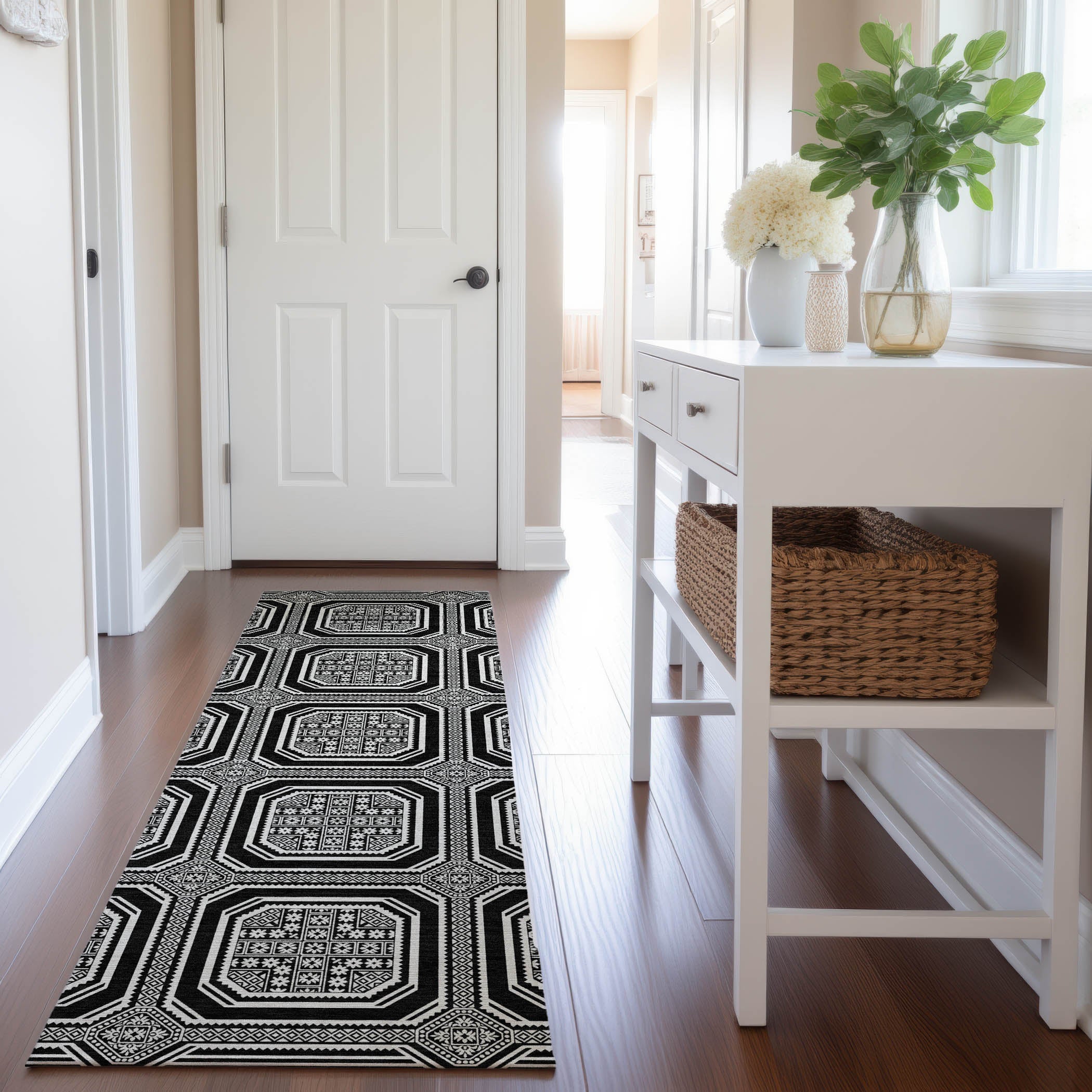 Kyoto Machine Washable Transitional Black Rug 2'3" x 7'6" #shape_Runner
