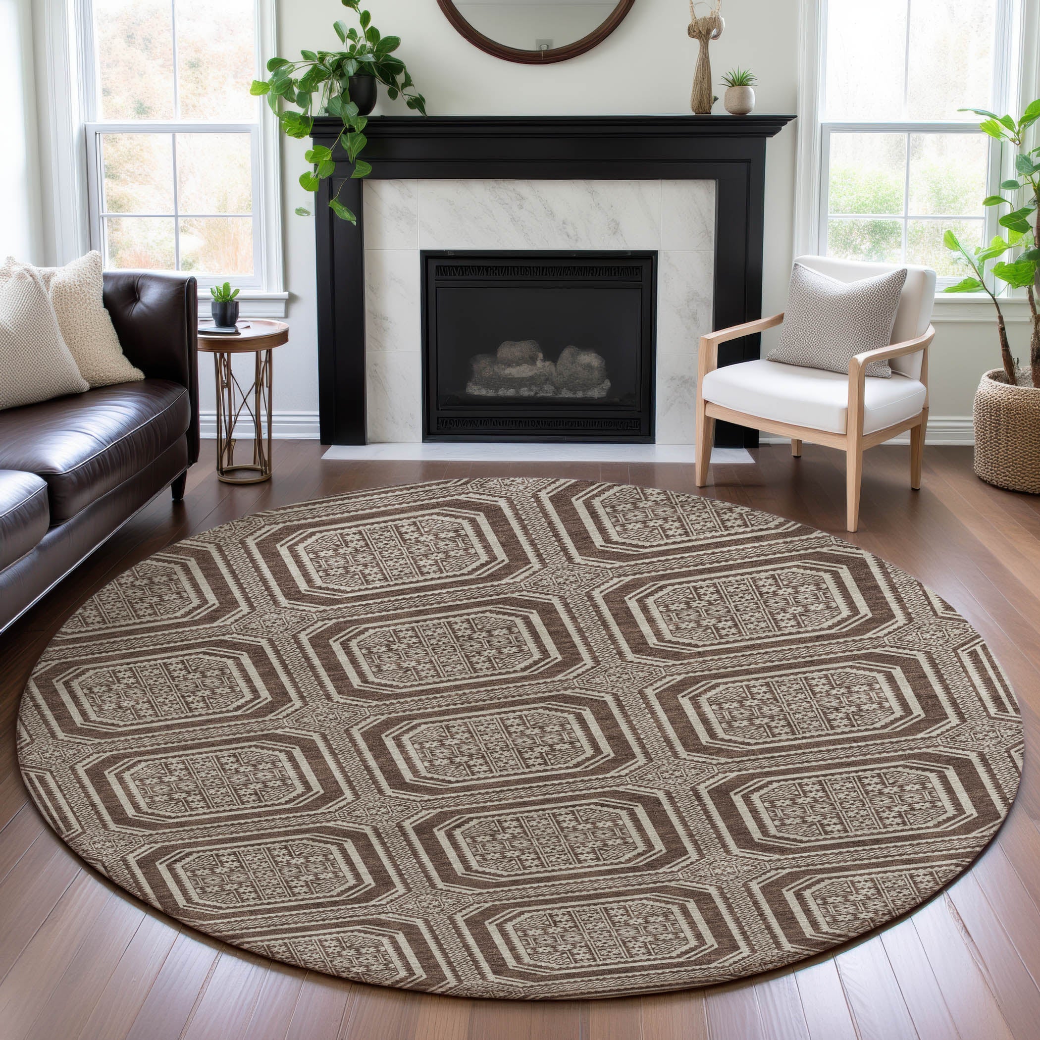 Kyoto Machine Washable Transitional Brown Rug 8' x 8' #shape_Round