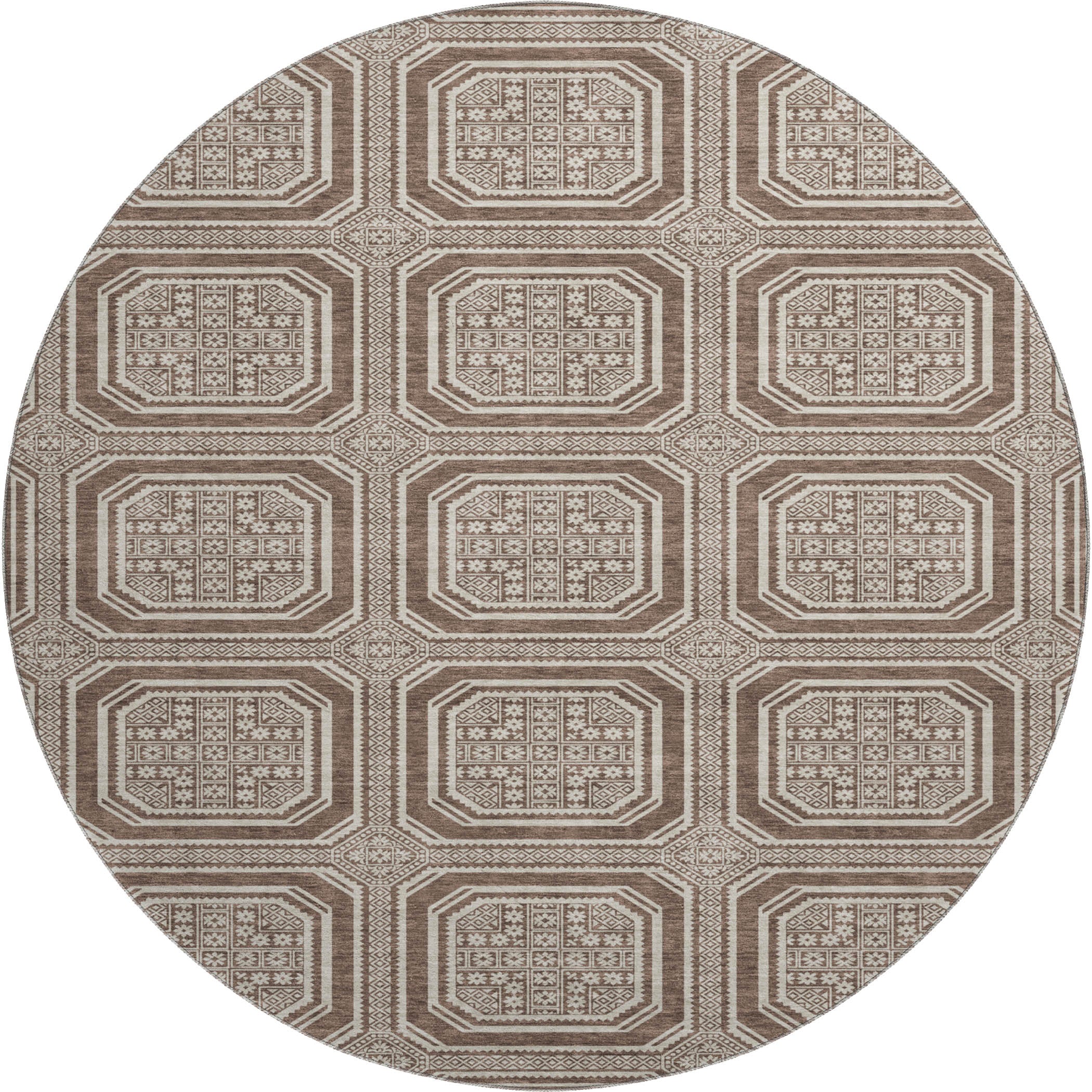 Kyoto Machine Washable Transitional Brown Rug 8' x 8' #shape_Round