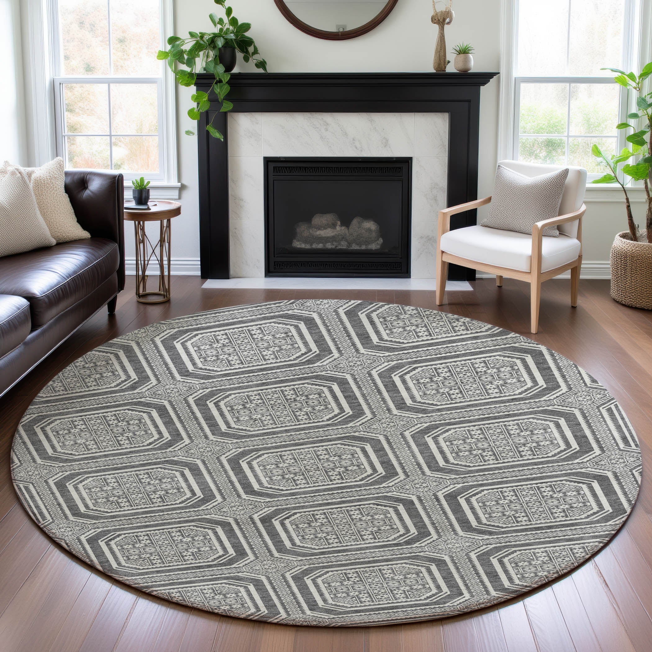 Kyoto Machine Washable Transitional Gray Rug 8' x 8' #shape_Round