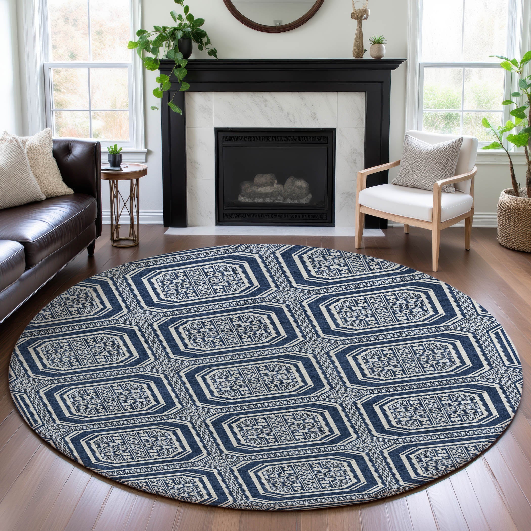 Kyoto Machine Washable Transitional Navy Blue Rug 8' x 8' #shape_Round