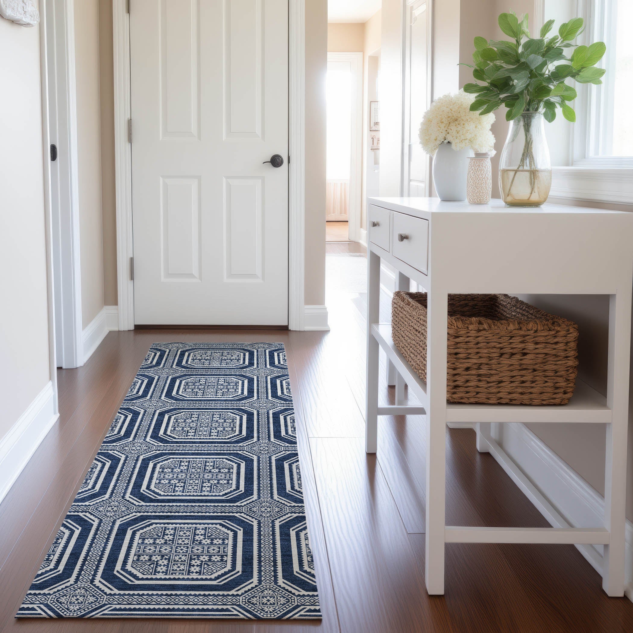 Kyoto Machine Washable Transitional Navy Blue Rug 2'3" x 7'6" #shape_Runner