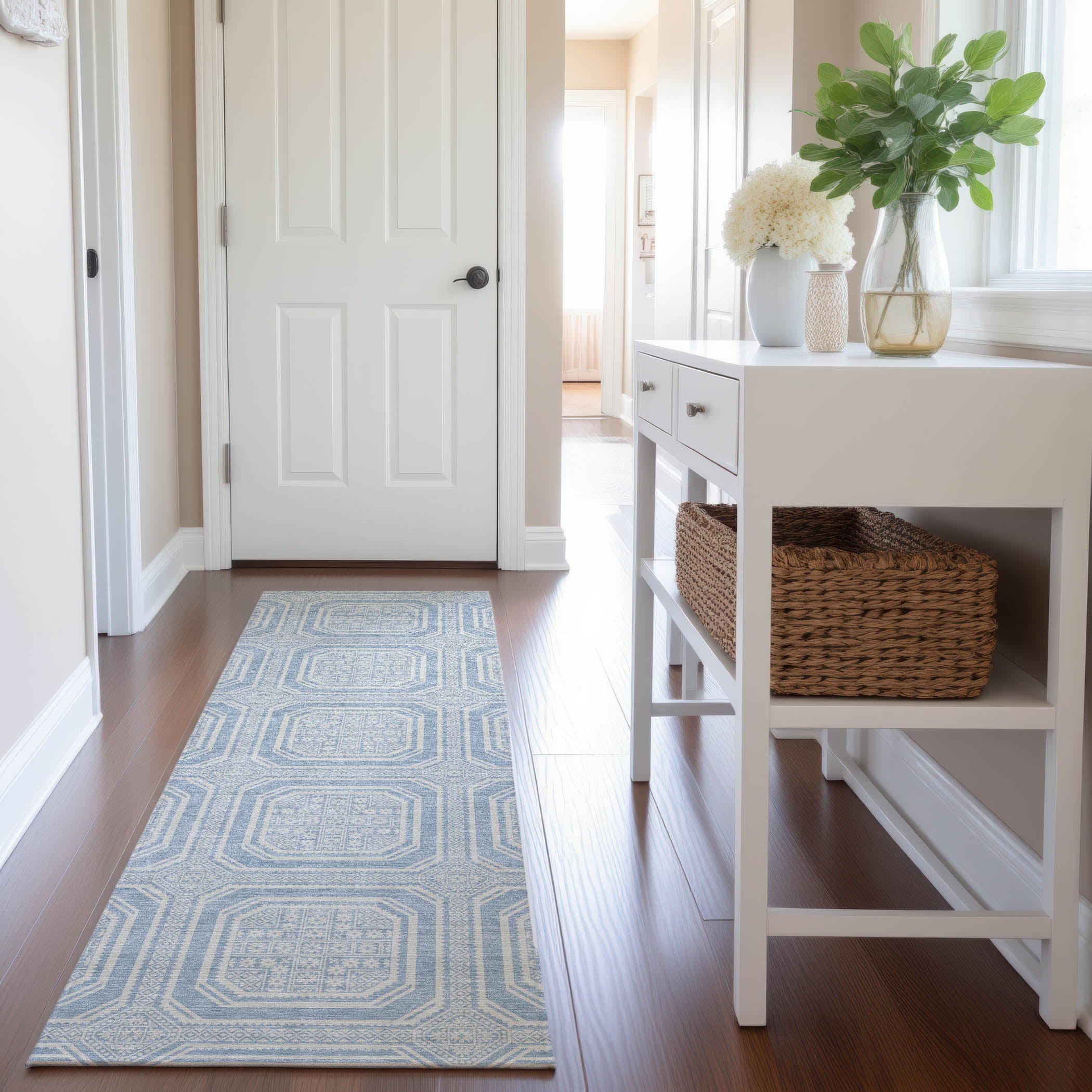 Kyoto Machine Washable Transitional Sky Blue Rug 2'3" x 7'6" #shape_Runner