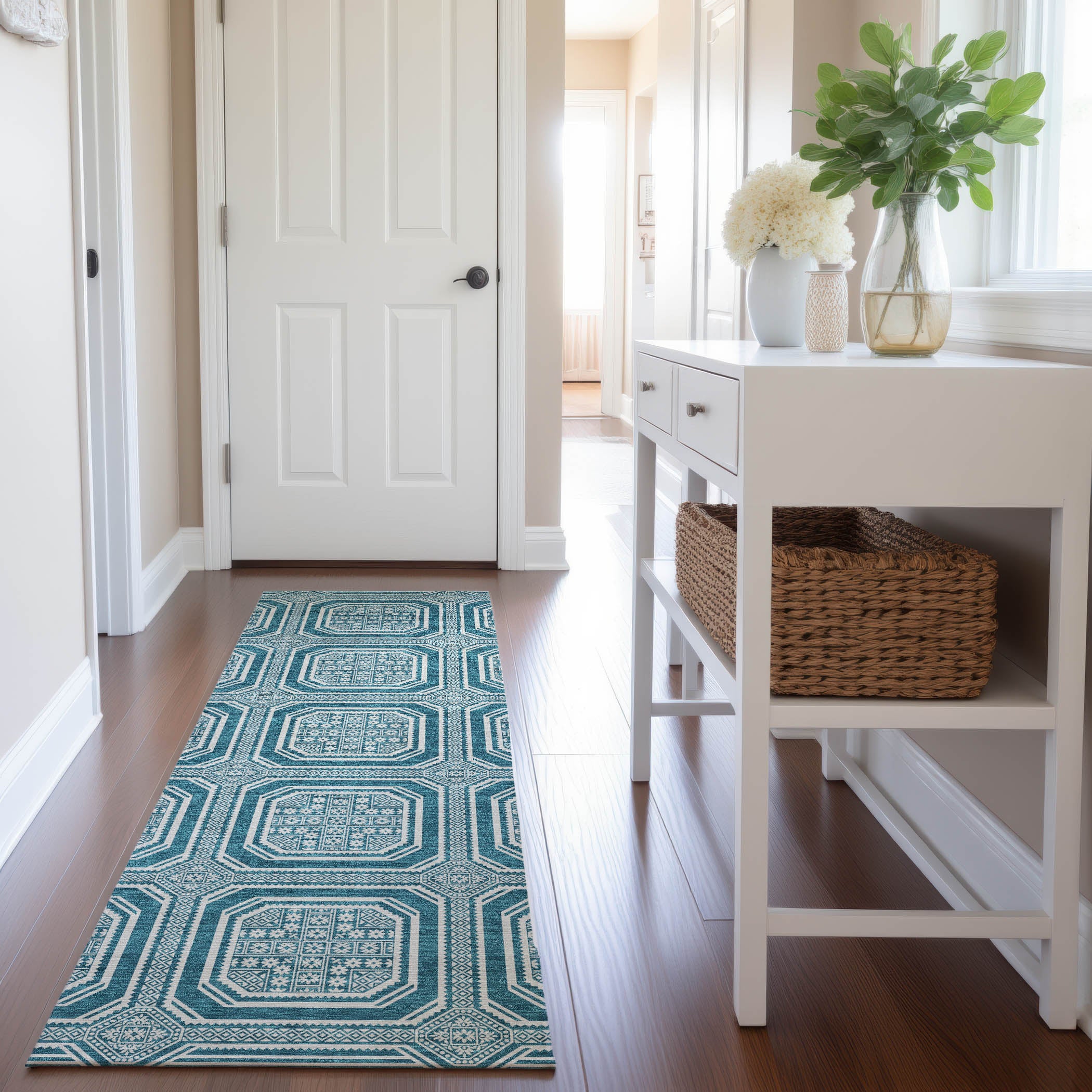 Kyoto Machine Washable Transitional Teal Rug 2'3" x 7'6" #shape_Runner