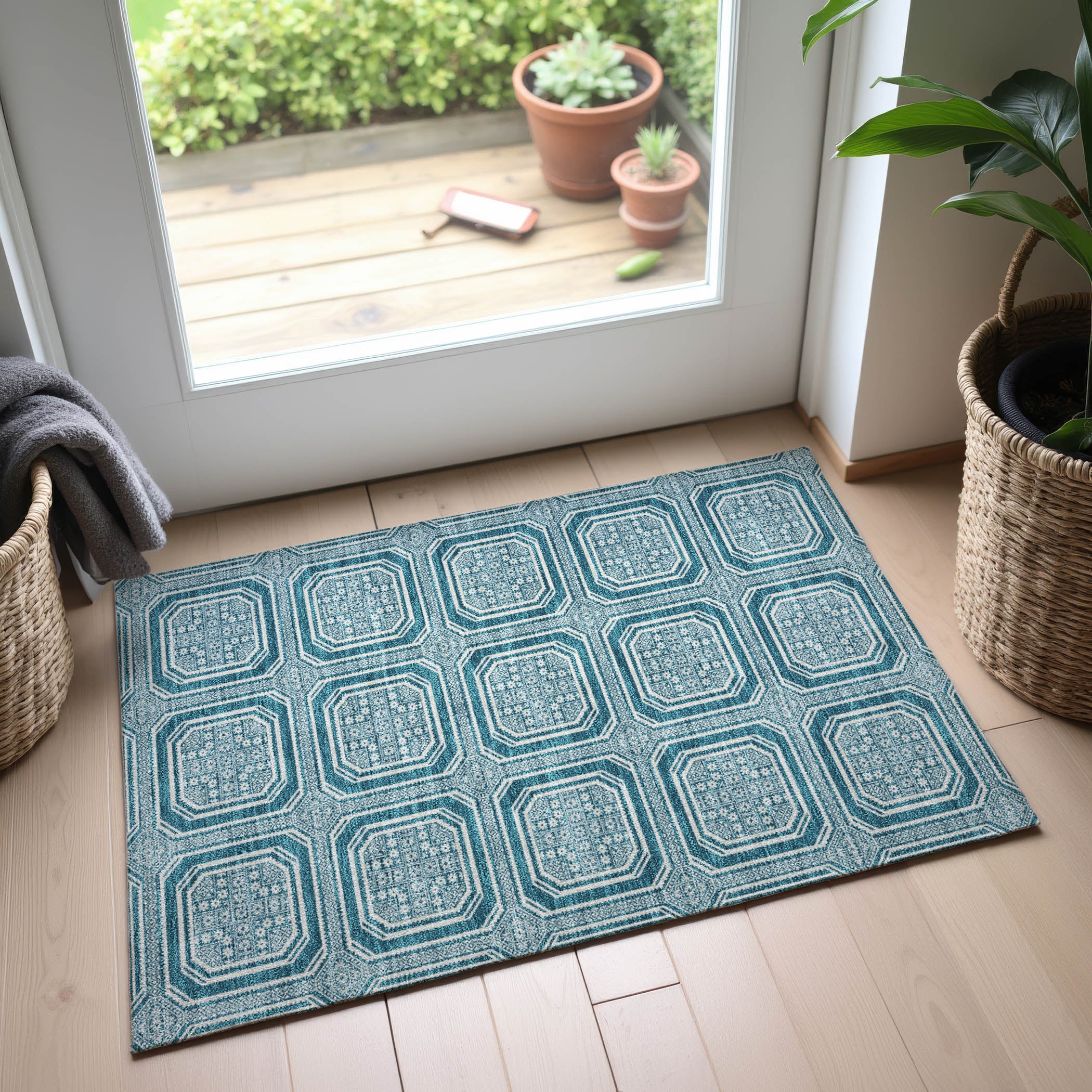 Kyoto Machine Washable Transitional Teal Rug 1'8" x 2'6" #shape_Rectangle