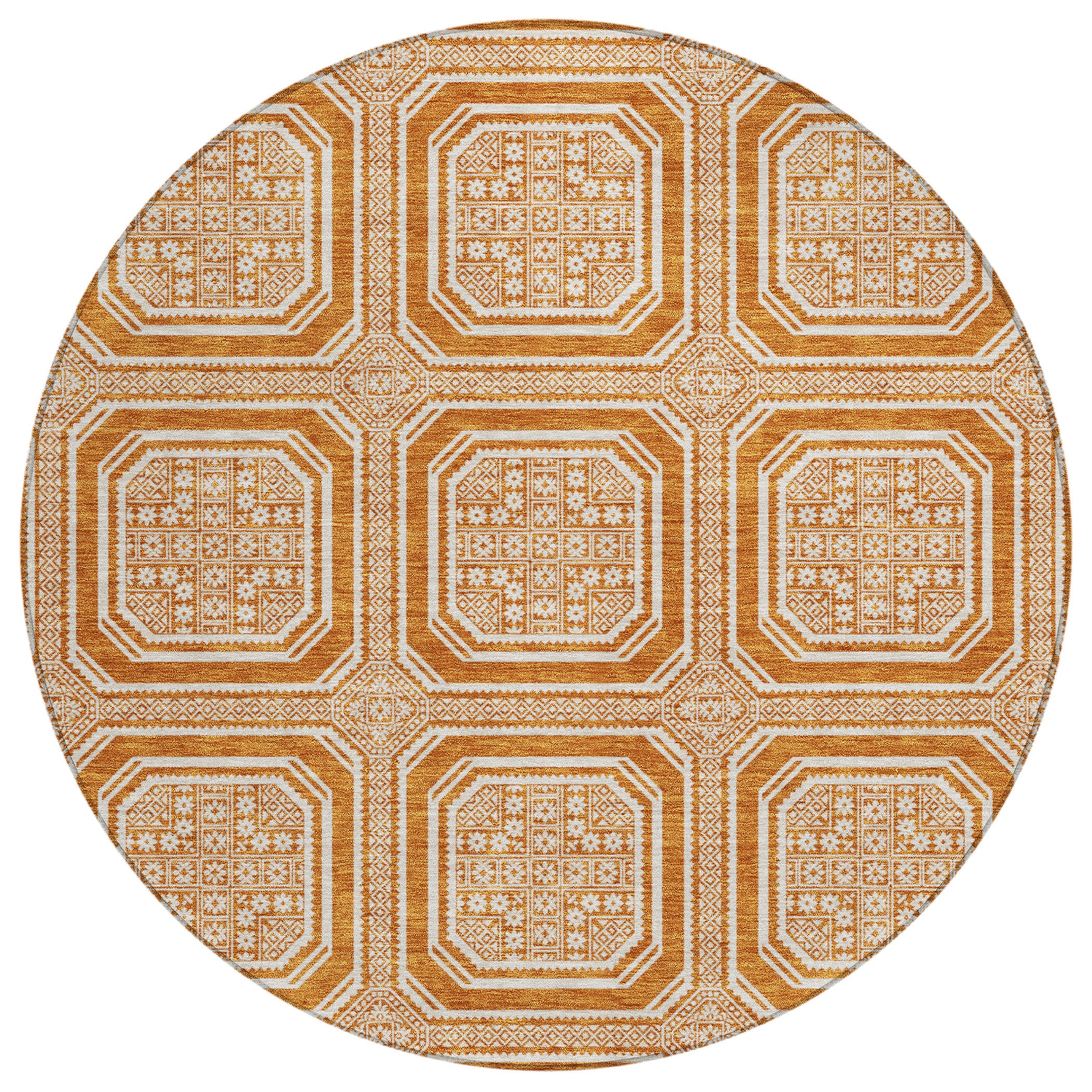 Kyoto Machine Washable Transitional Terracotta Orange Rug 8' x 8' #shape_Round