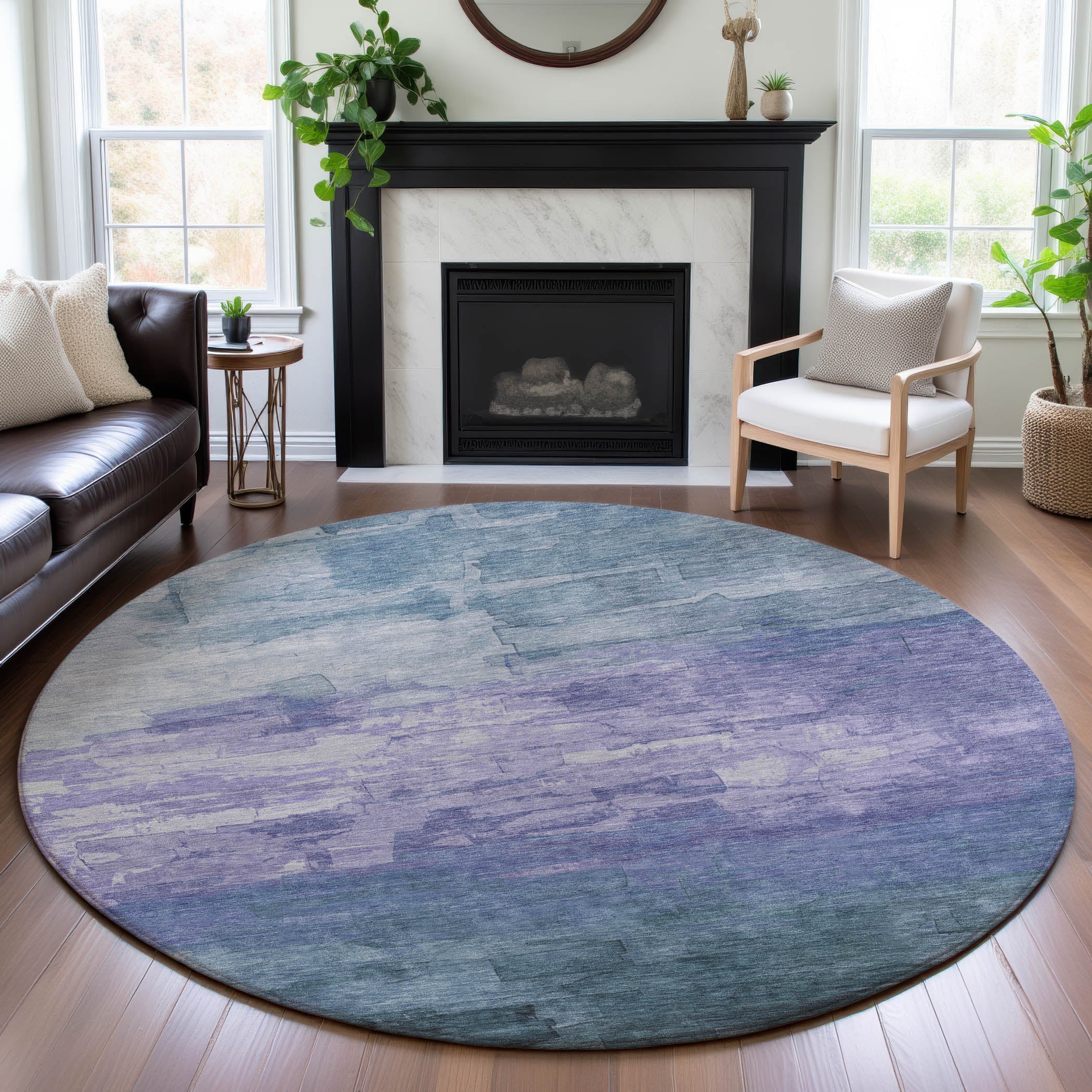 Budapest Machine Washable Transitional Denim Blue Rug 8' x 8' #shape_Round