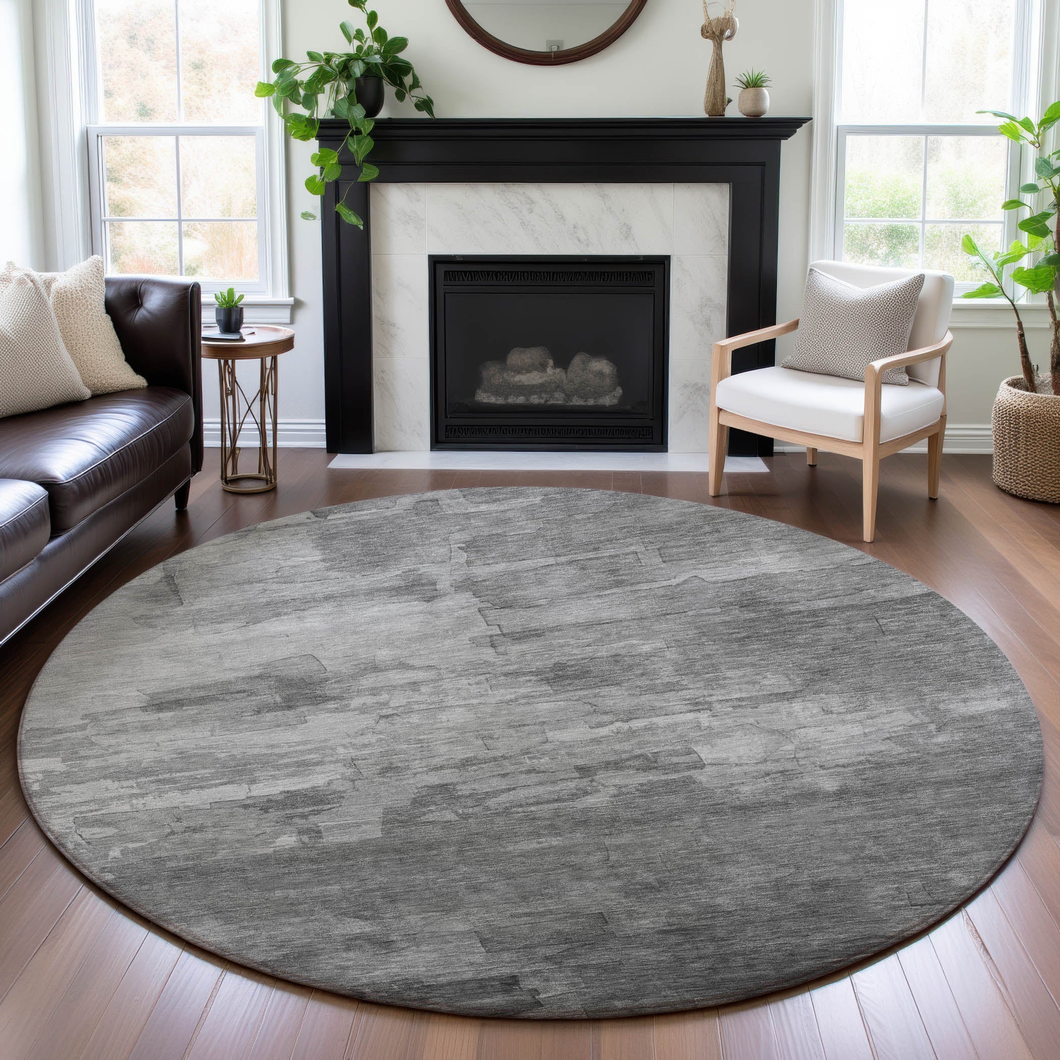 Budapest Machine Washable Transitional Gray Rug 8' x 8' #shape_Round