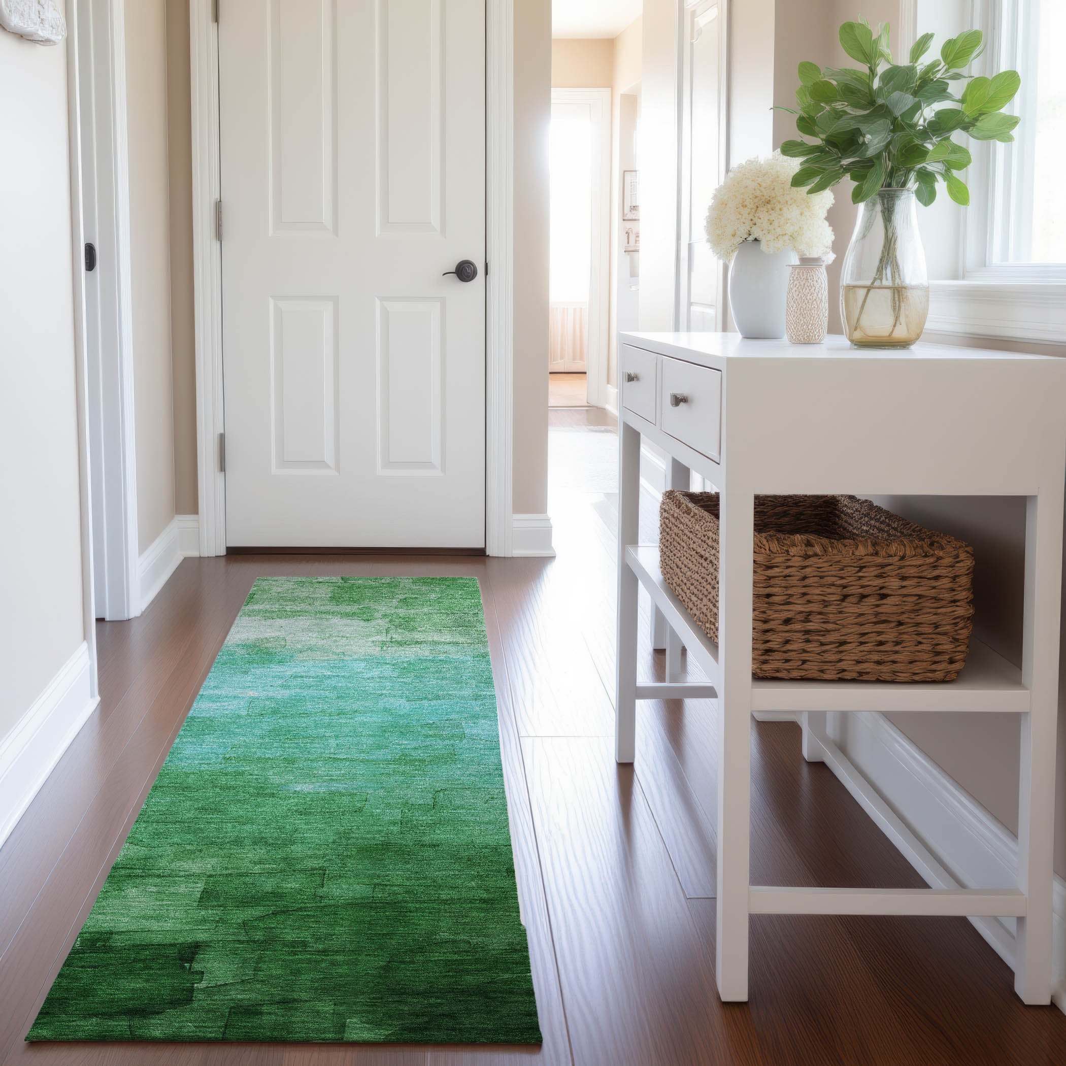 Budapest Machine Washable Transitional Green Rug 2'3" x 7'6" #shape_Runner