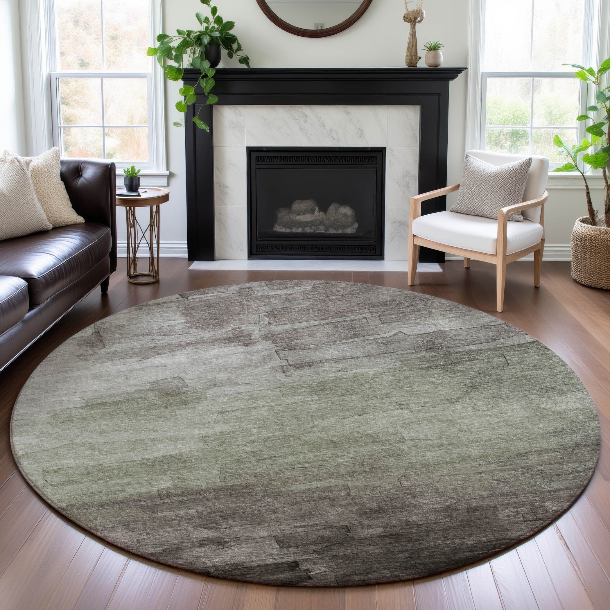 Budapest Machine Washable Transitional Taupe Brown Rug 8' x 8' #shape_Round