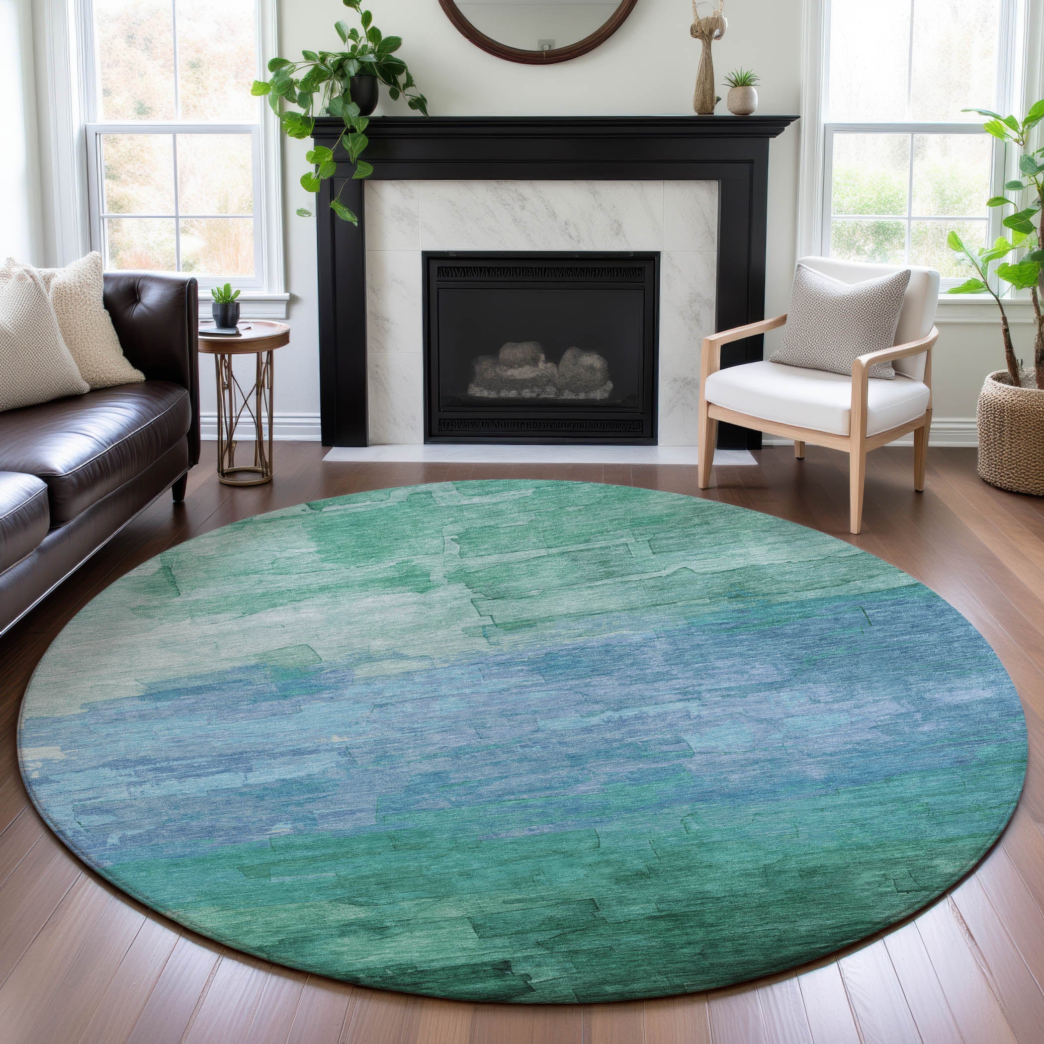 Budapest Machine Washable Transitional Teal Rug 8' x 8' #shape_Round