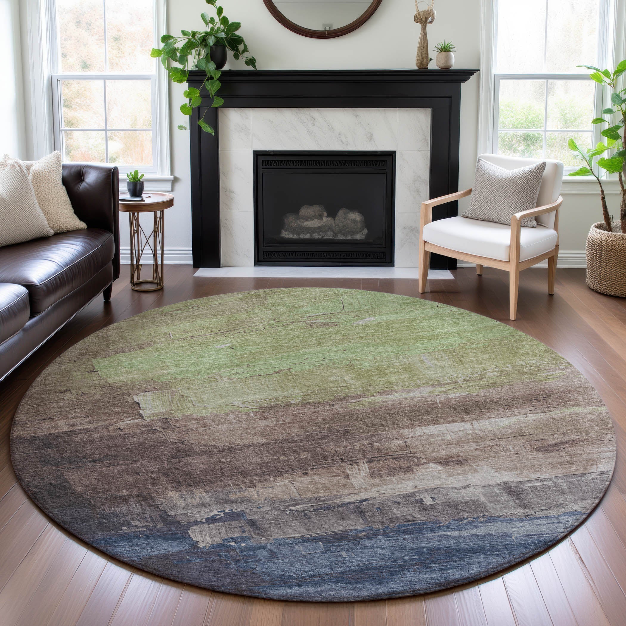 Valletta Machine Washable Transitional Mocha Brown Rug 8' x 8' #shape_Round