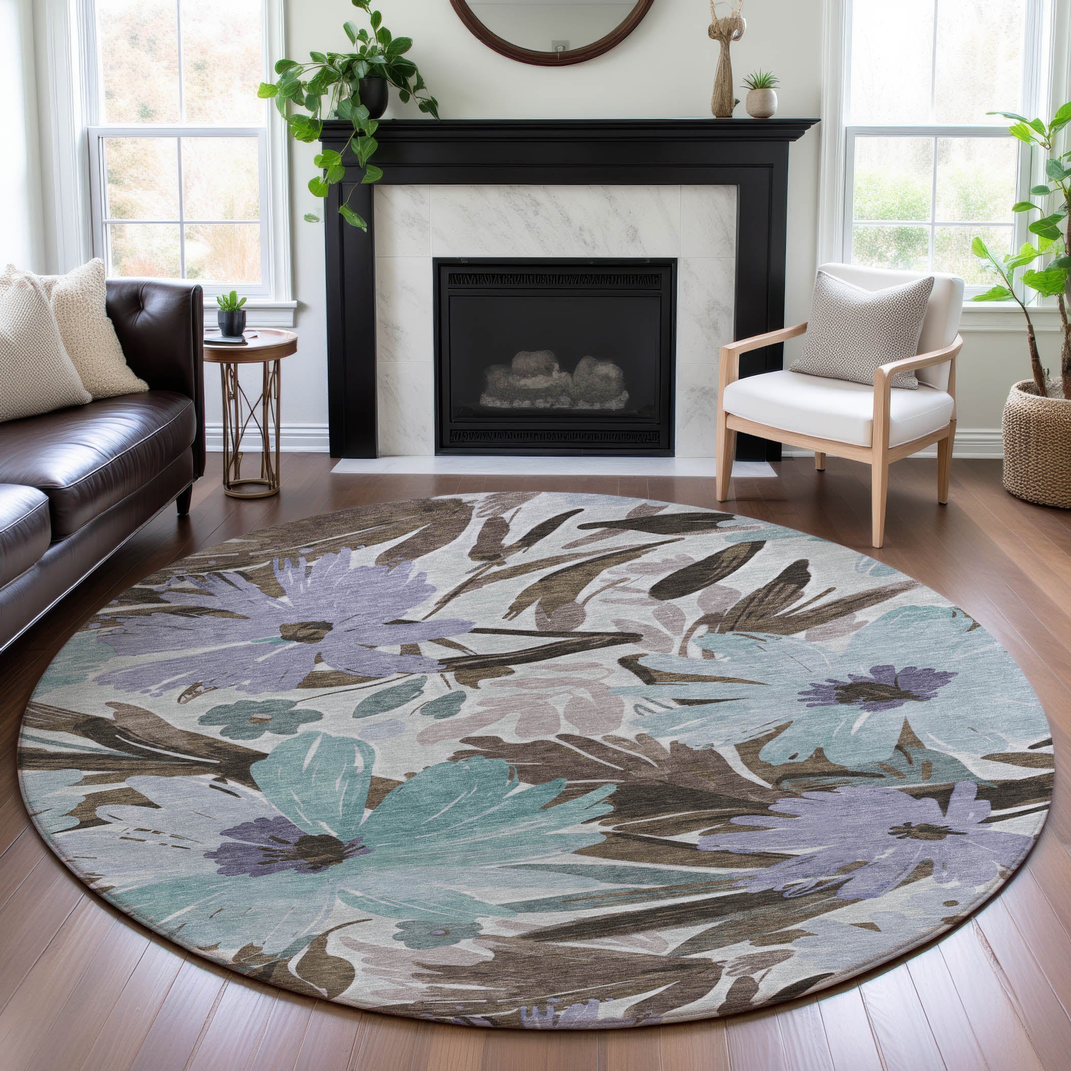 Seoul Machine Washable Transitional Taupe Brown Rug 8' x 8' #shape_Round