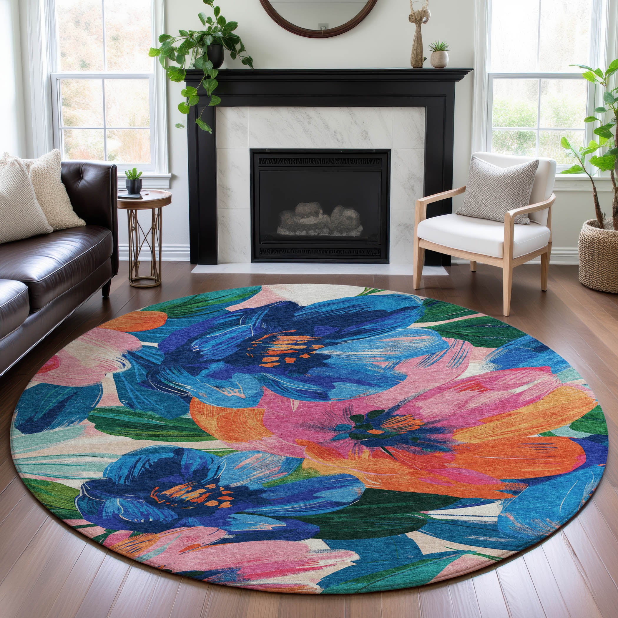 Oslo Machine Washable Transitional Navy Blue Rug 8' x 8' #shape_Round