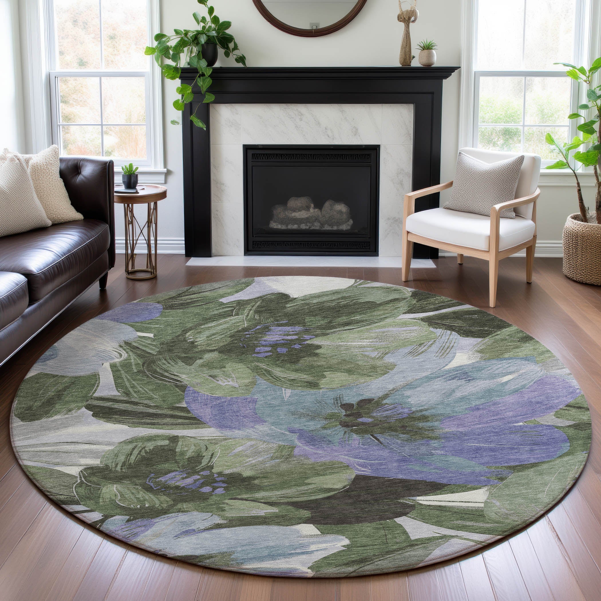 Oslo Machine Washable Transitional Olive Green Rug 8' x 8' #shape_Round