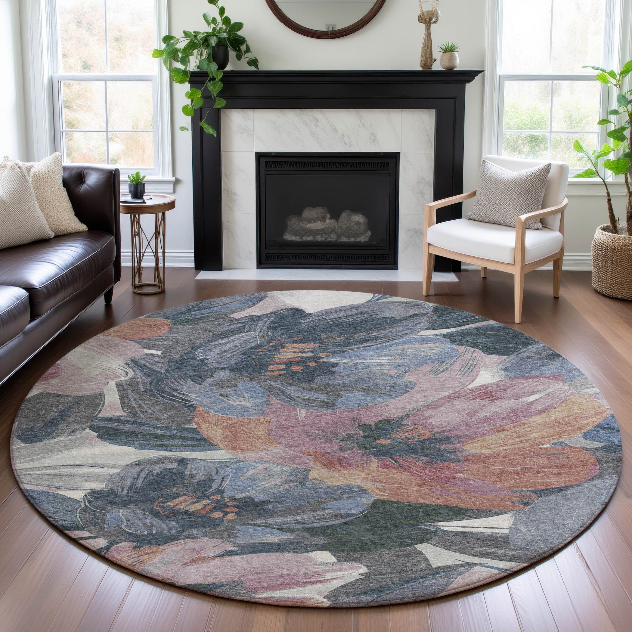 Oslo Machine Washable Transitional Pewter Gray Rug 8' x 8' #shape_Round
