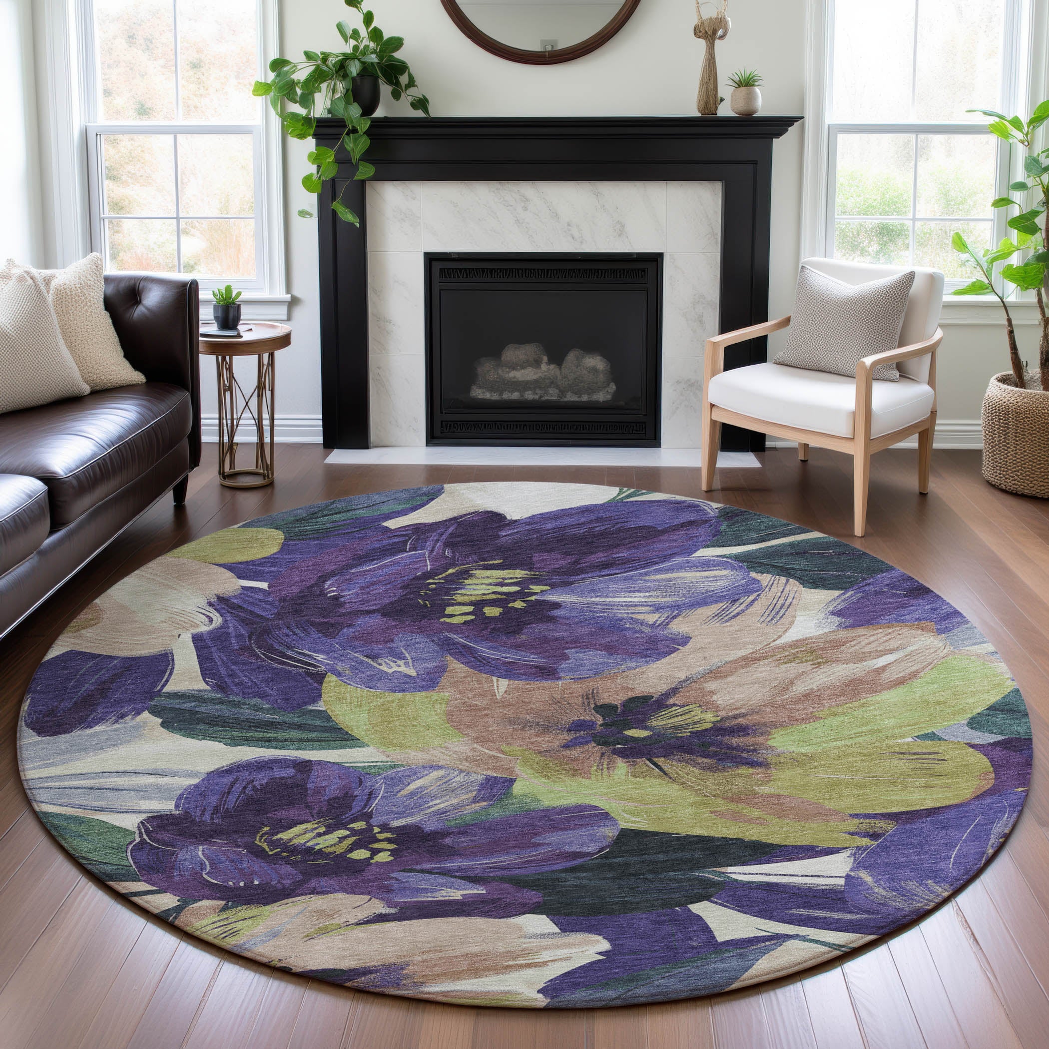 Oslo Machine Washable Transitional Purple Rug 8' x 8' #shape_Round