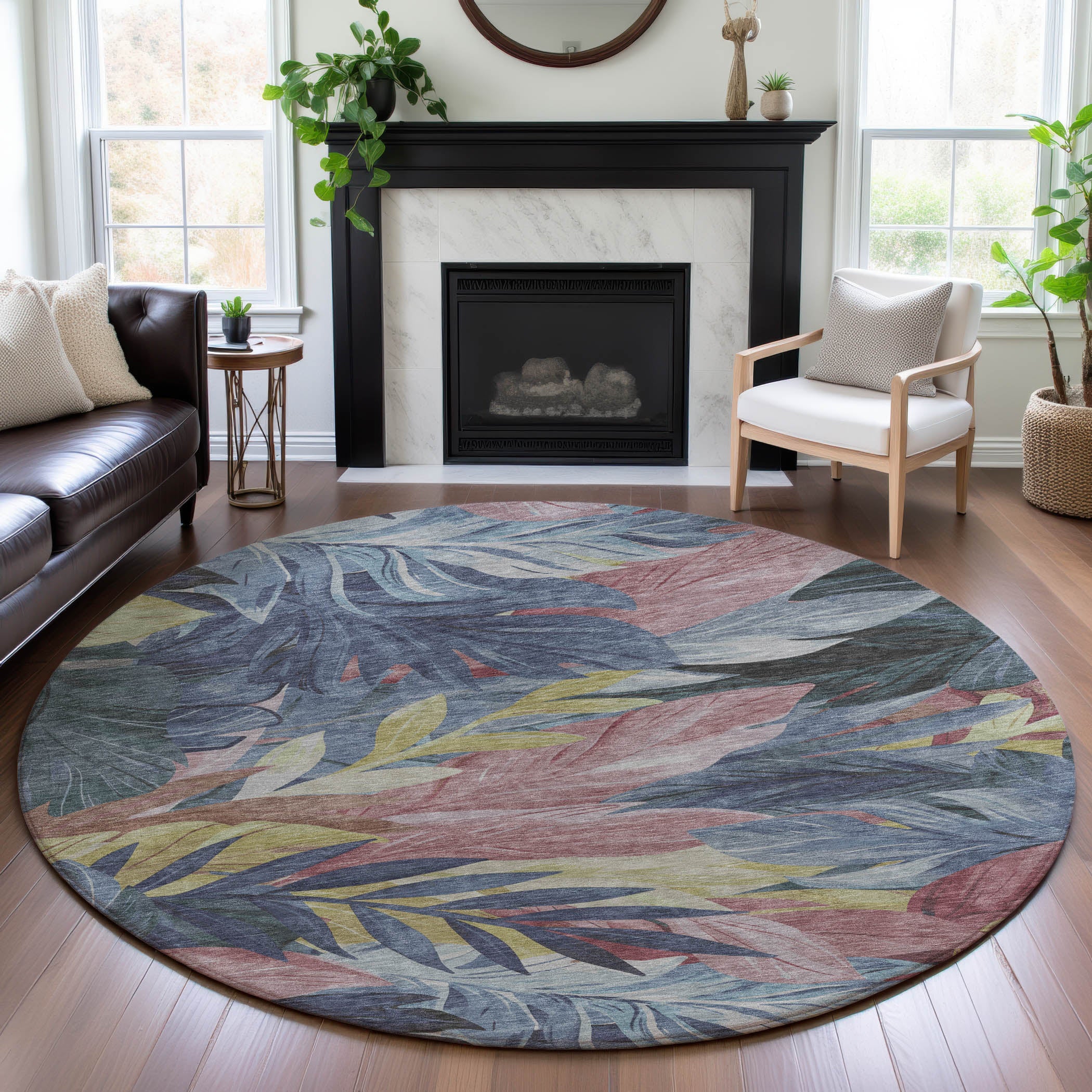 Istanbul Machine Washable Transitional Denim Blue Rug 8' x 8' #shape_Round