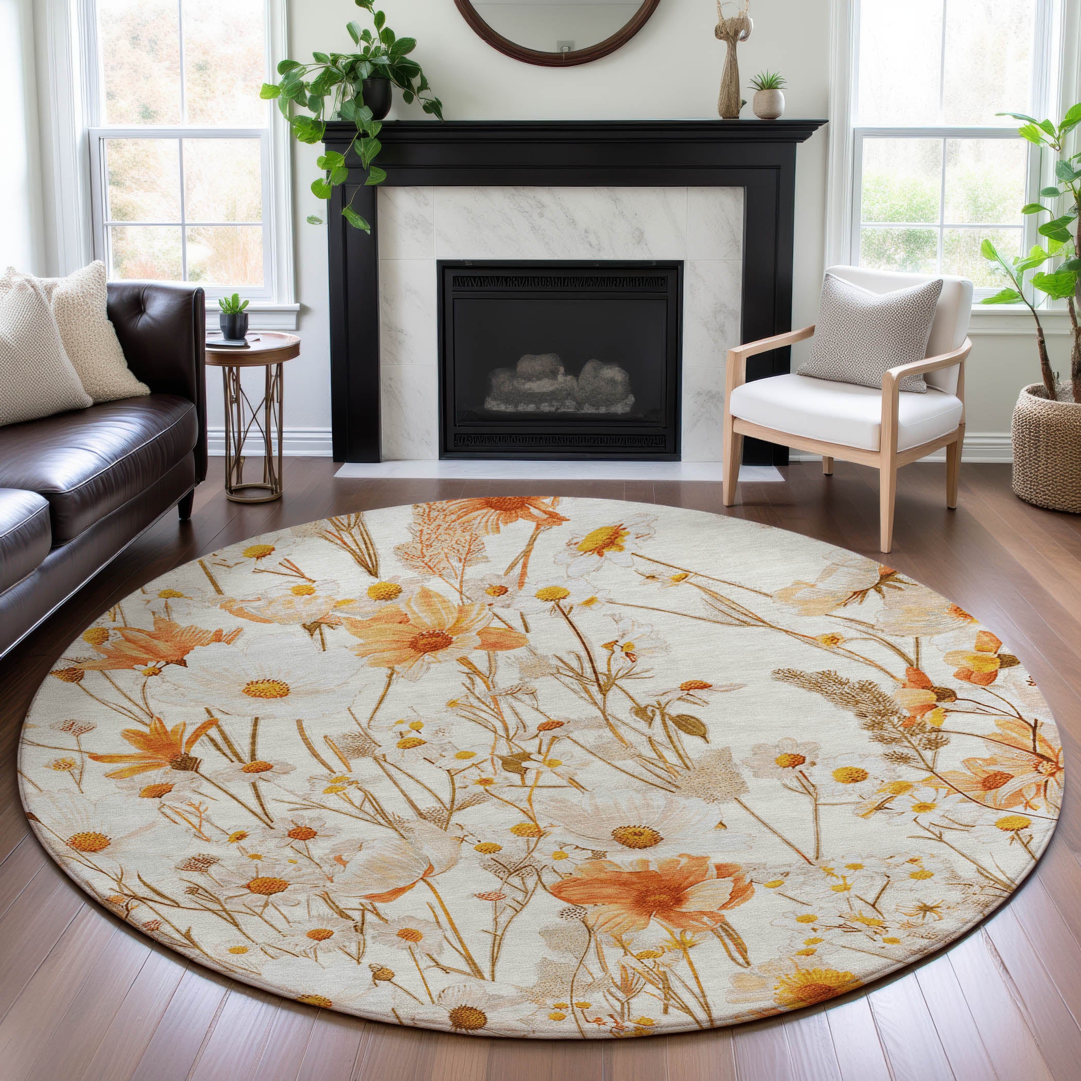 Florence Machine Washable Transitional Ivory Rug 8' x 8' #shape_Round