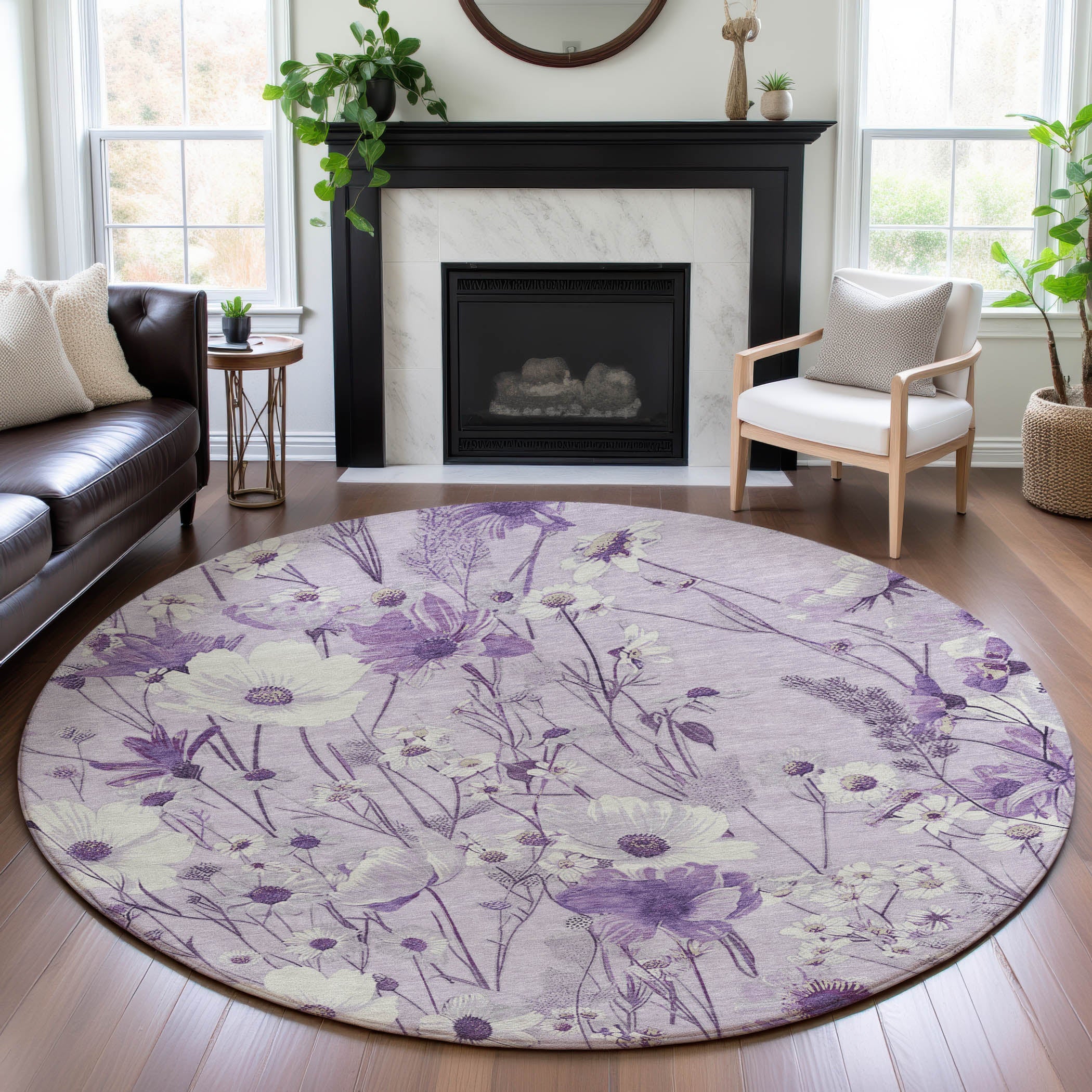 Florence Machine Washable Transitional Lavender Purple Rug 8' x 8' #shape_Round
