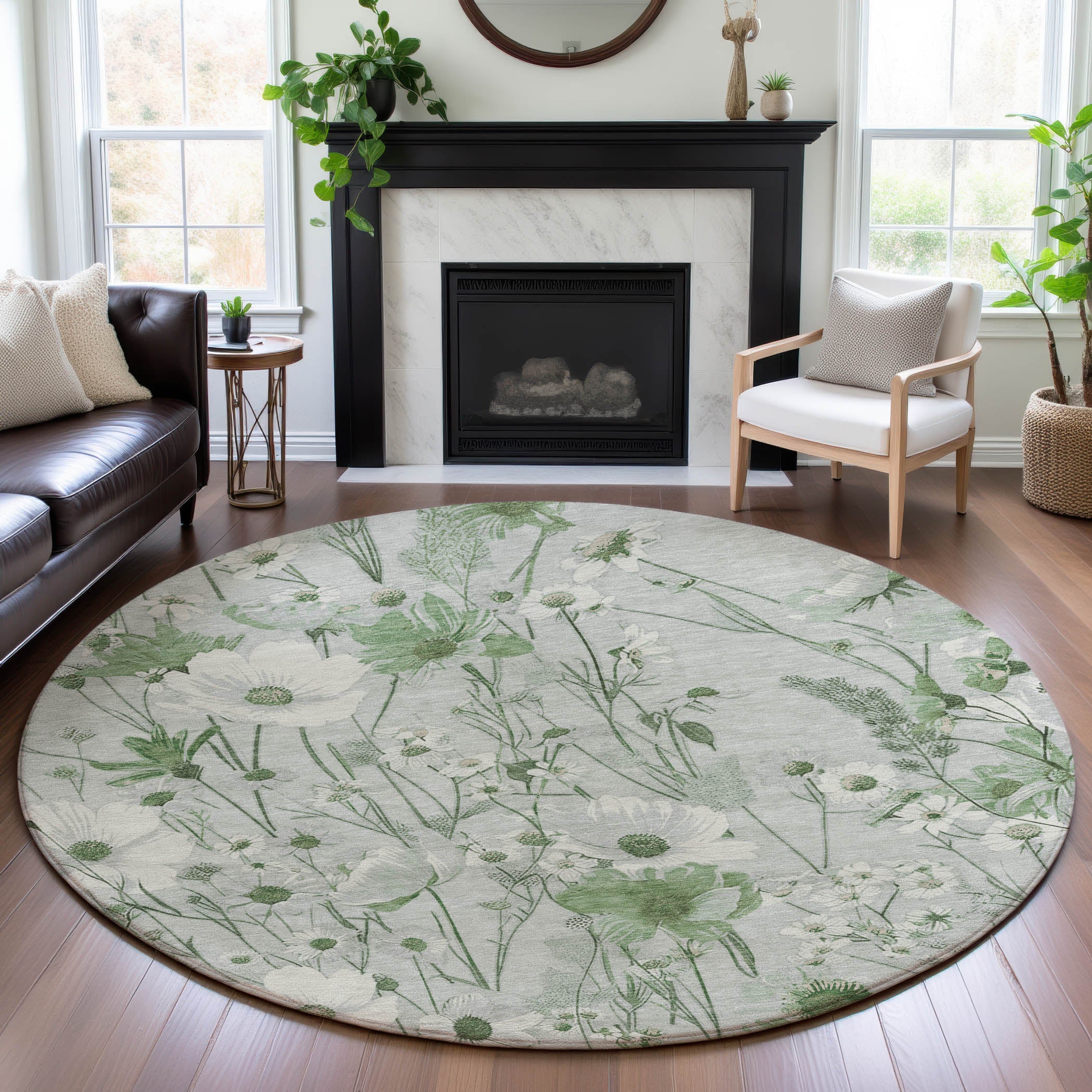 Florence Machine Washable Transitional Mint Green Rug 8' x 8' #shape_Round