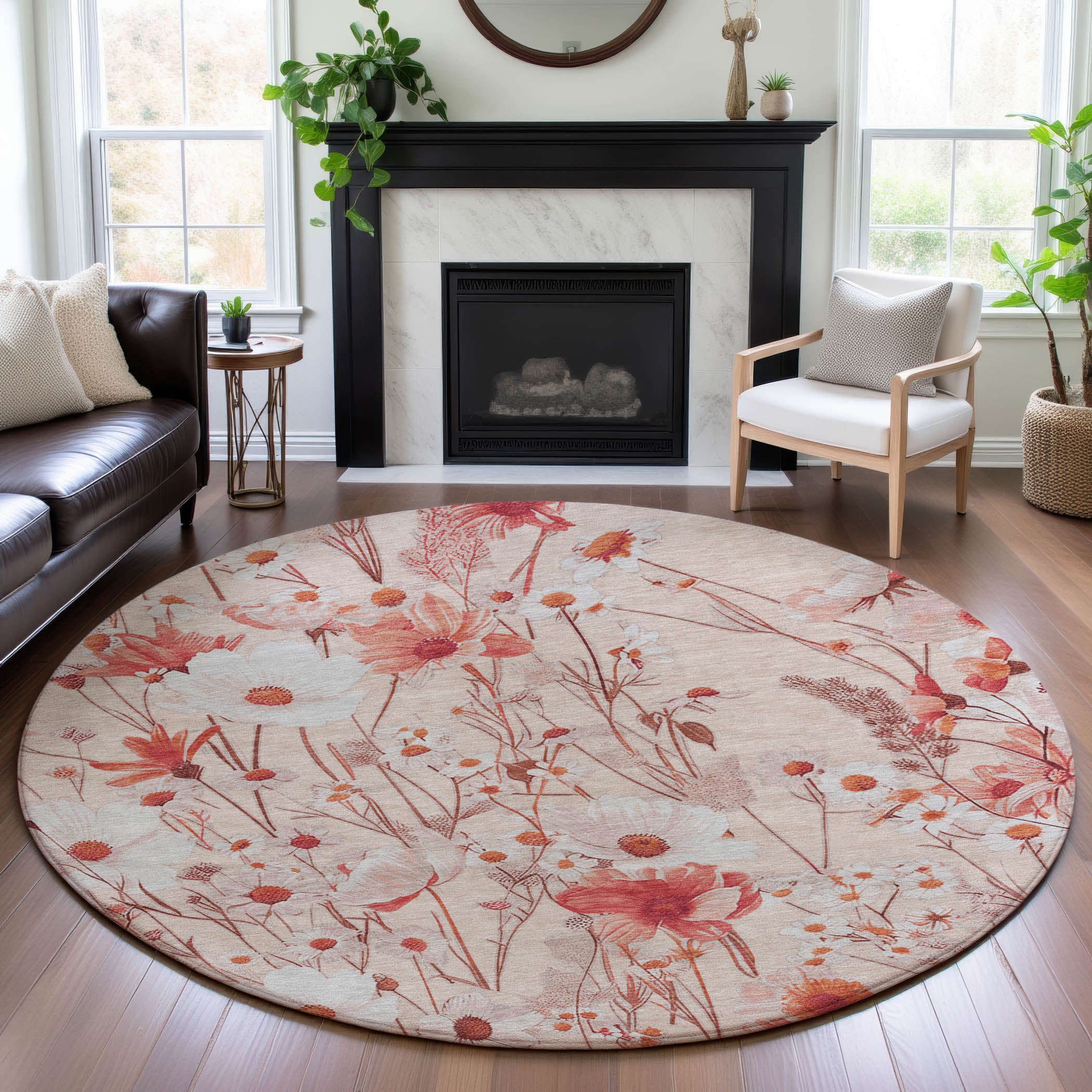 Florence Machine Washable Transitional Salmon Orange Rug 8' x 8' #shape_Round