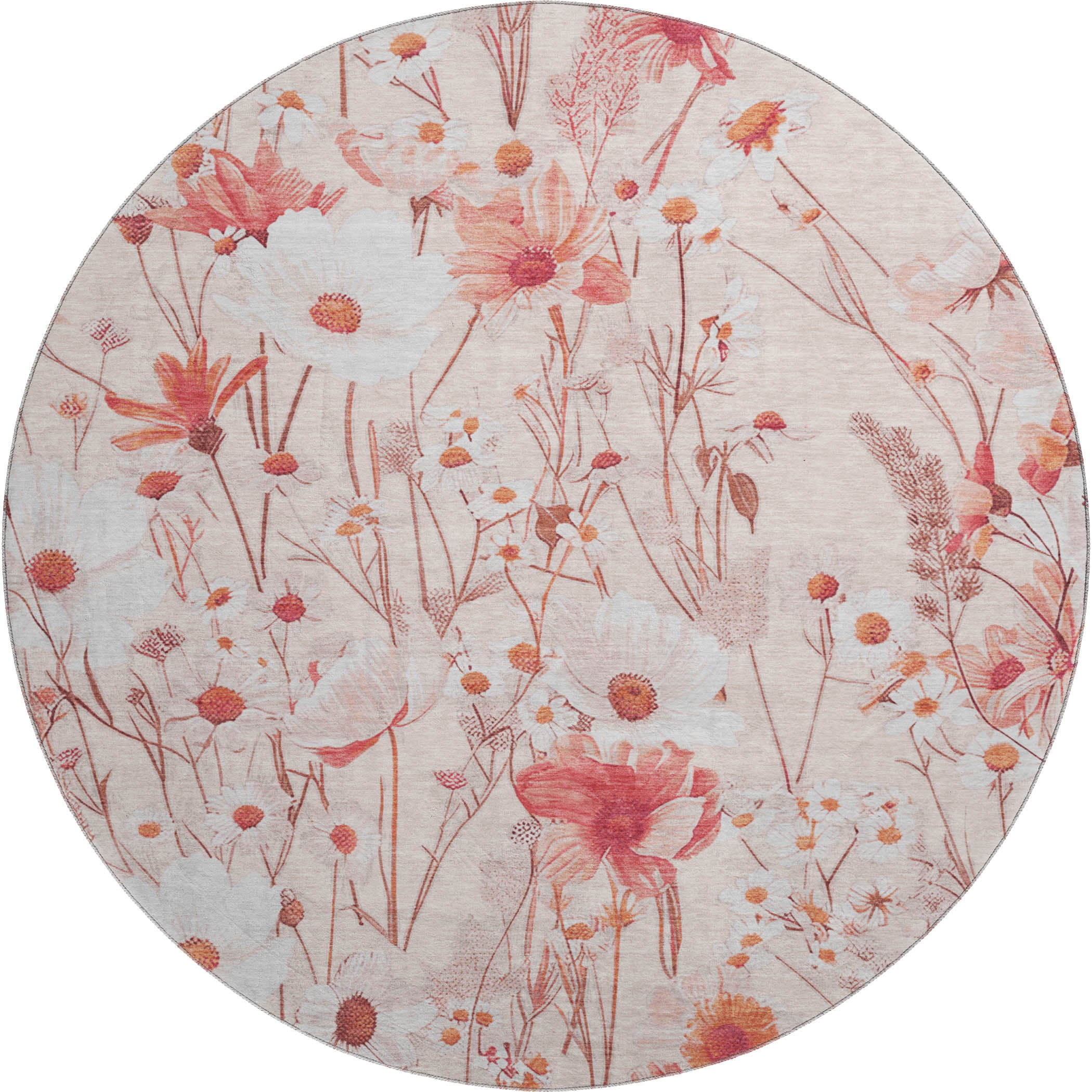 Florence Machine Washable Transitional Salmon Orange Rug 8' x 8' #shape_Round