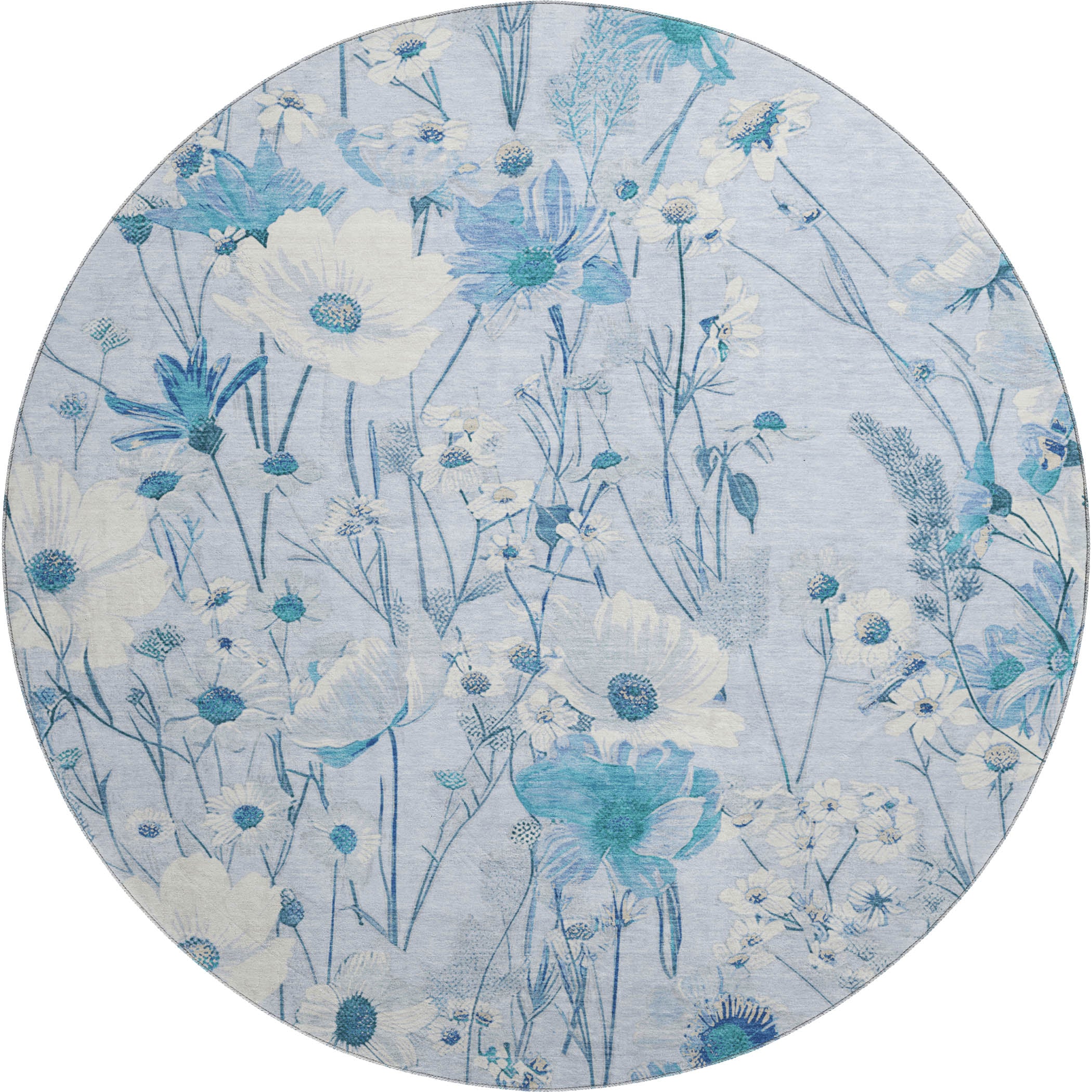 Florence Machine Washable Transitional Sky Blue Rug 8' x 8' #shape_Round