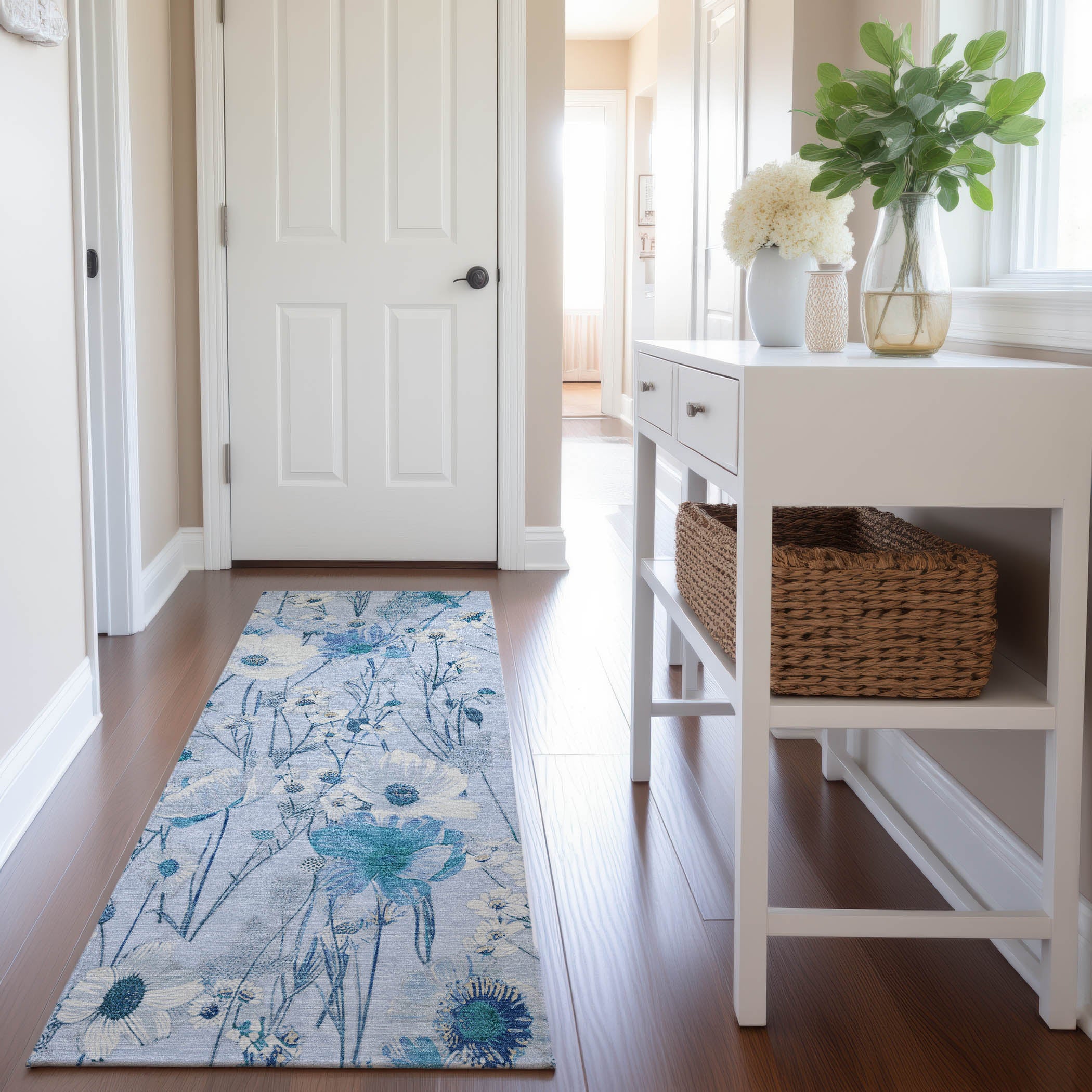 Florence Machine Washable Transitional Sky Blue Rug 2'3" x 7'6" #shape_Runner