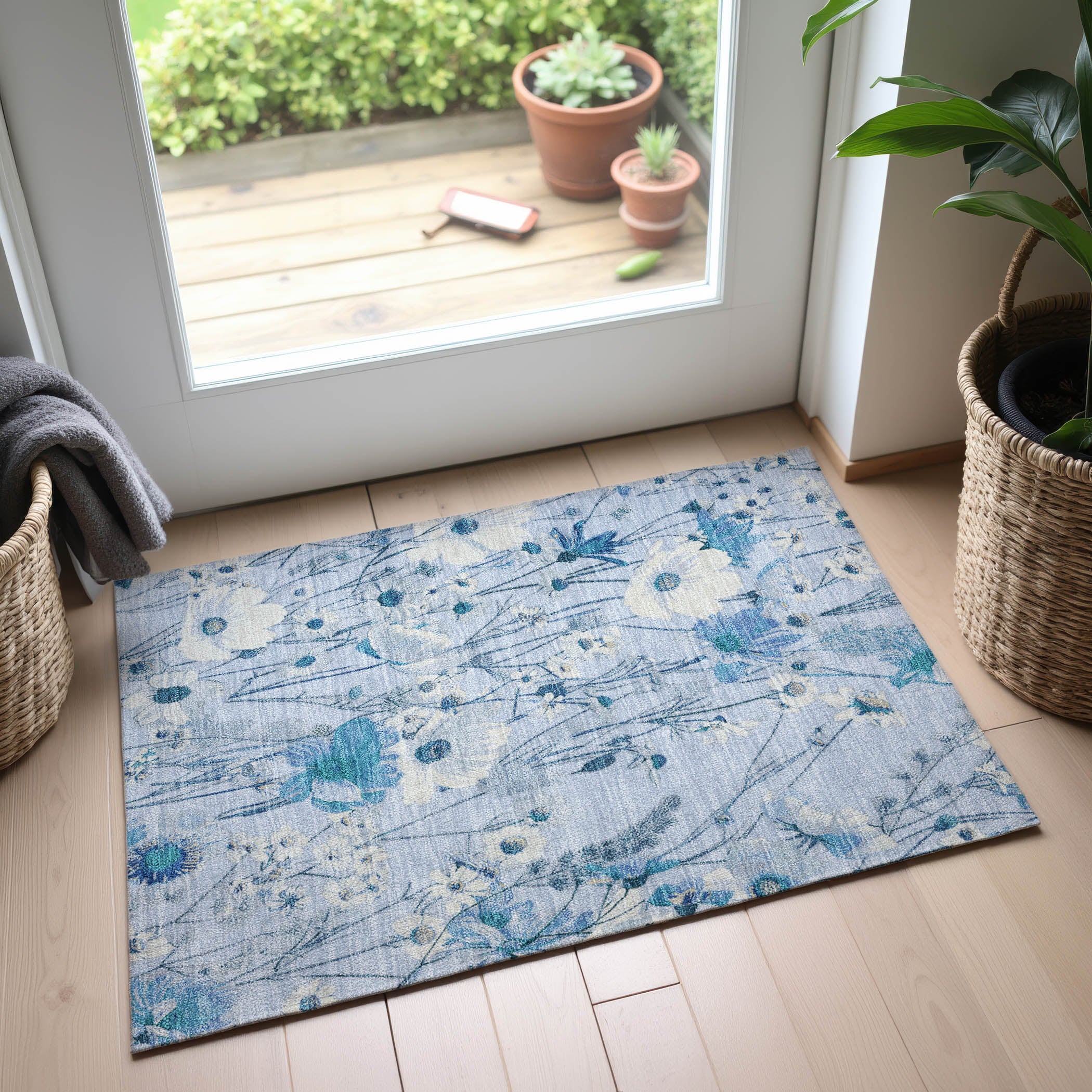 Florence Machine Washable Transitional Sky Blue Rug 1'8" x 2'6" #shape_Rectangle
