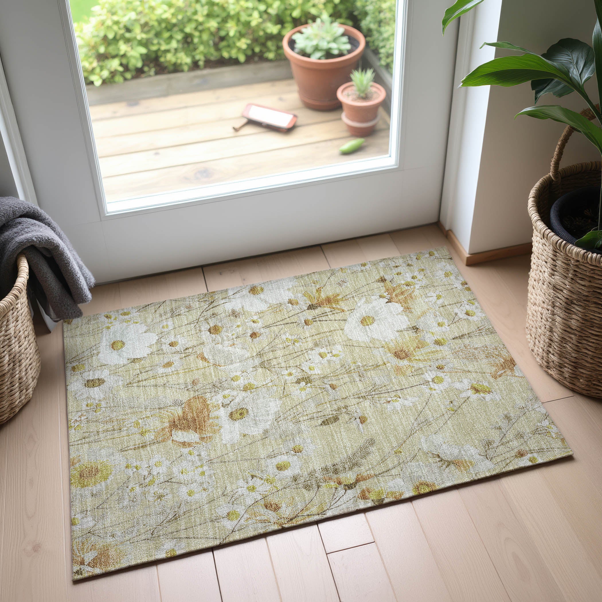 Florence Machine Washable Transitional Wheat Gold Rug 1'8" x 2'6" #shape_Rectangle