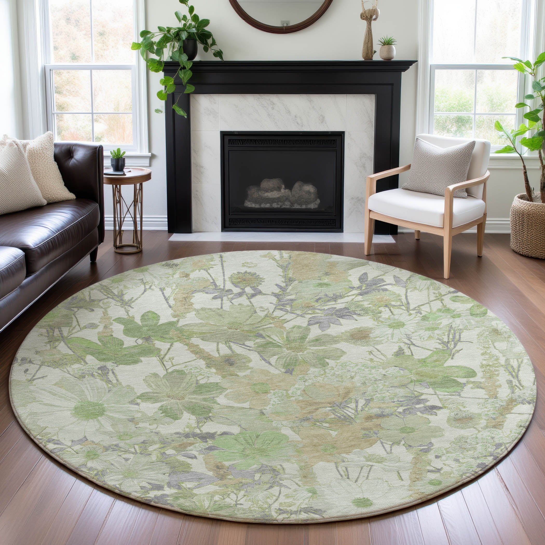 Chiang Mai Machine Washable Transitional Aloe Green Rug 8' x 8' #shape_Round