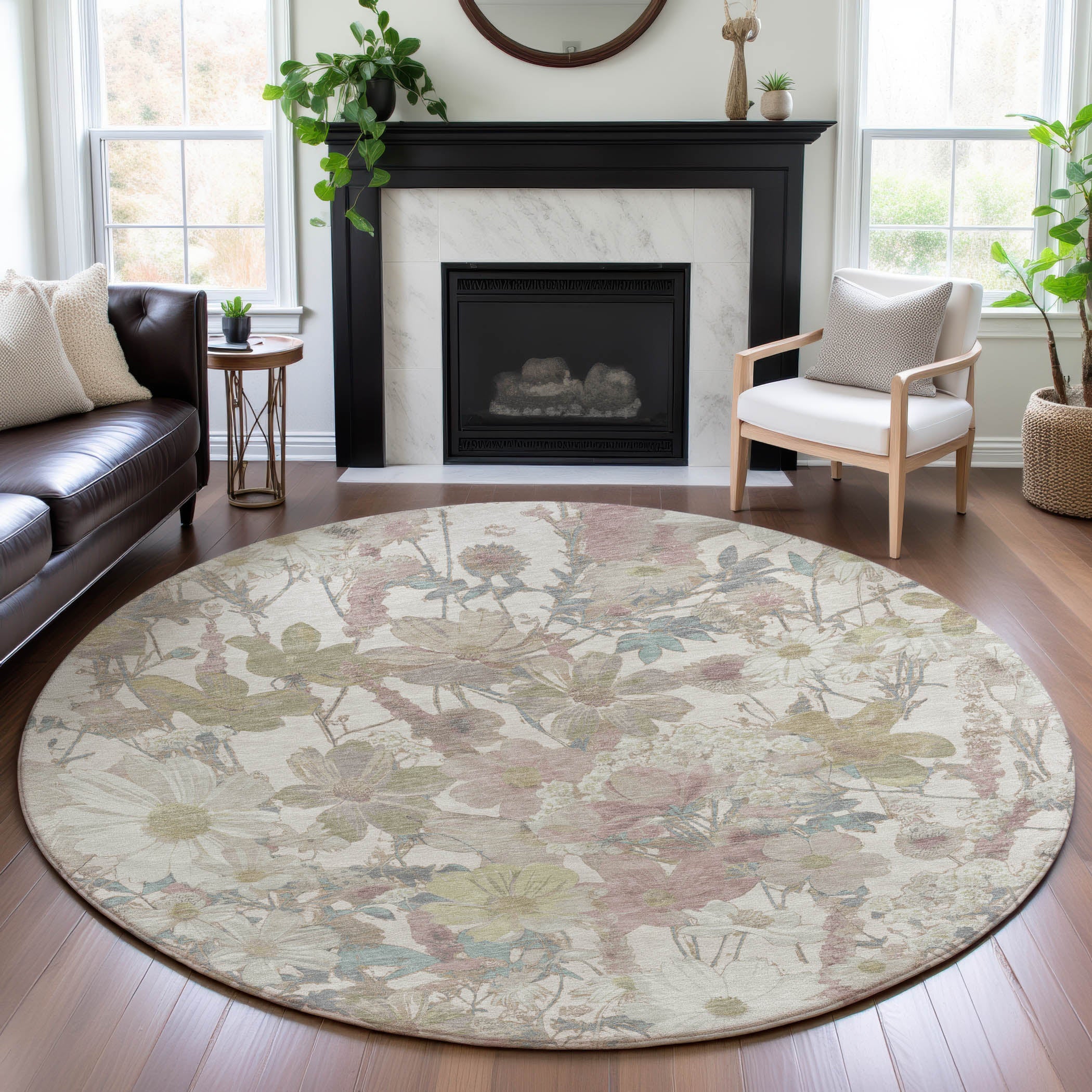 Chiang Mai Machine Washable Transitional Ivory Rug 8' x 8' #shape_Round