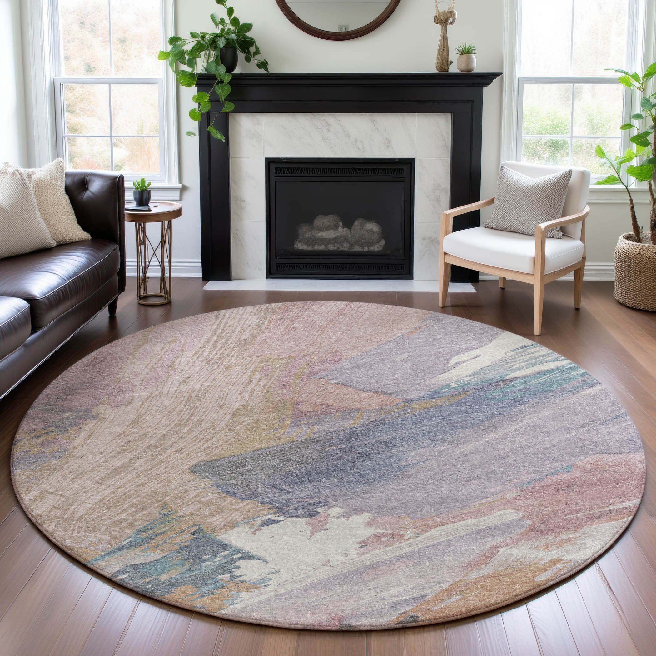 Mostar Machine Washable Transitional Pink Rug 8' x 8' #shape_Round