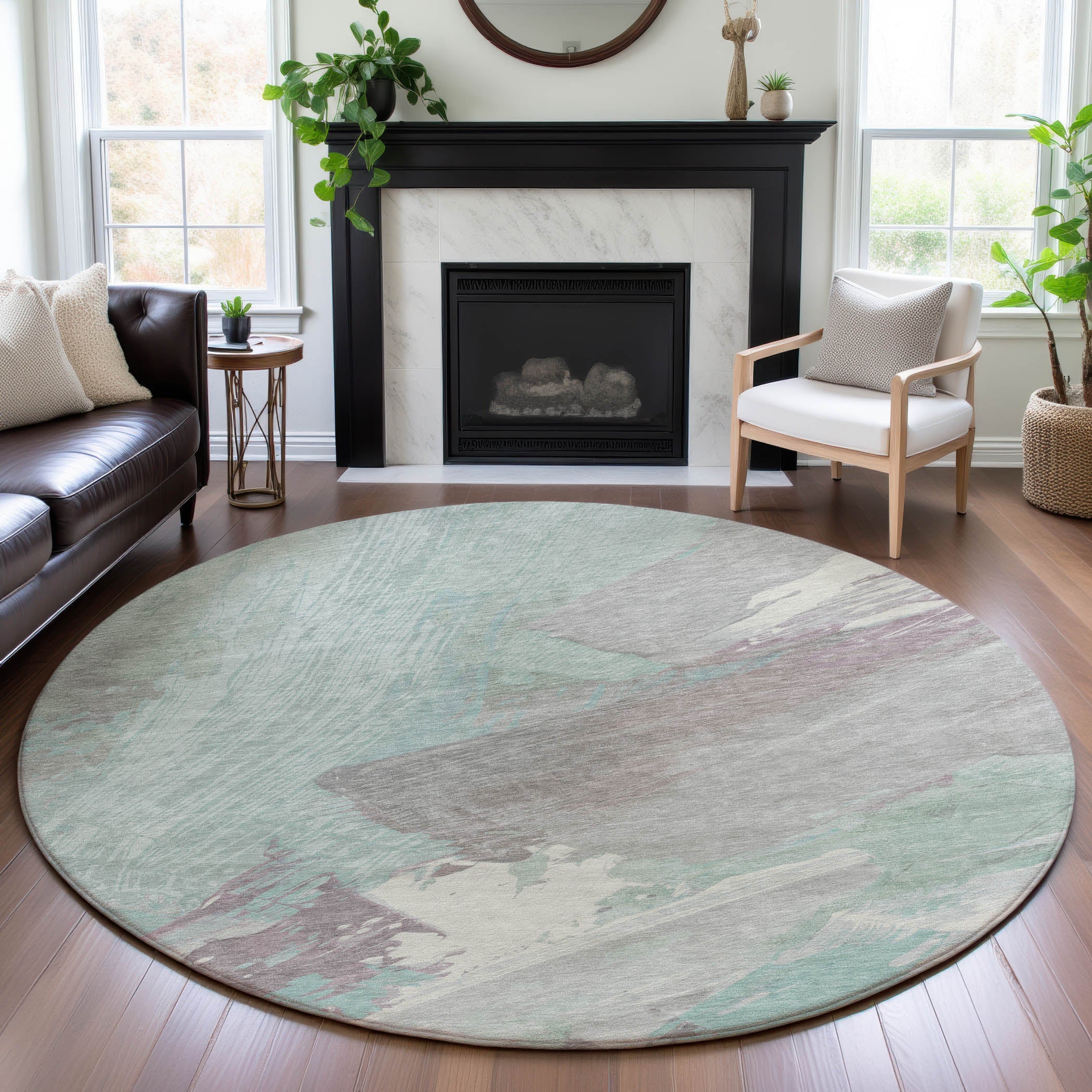 Mostar Machine Washable Transitional Seafoam Blue Rug 8' x 8' #shape_Round