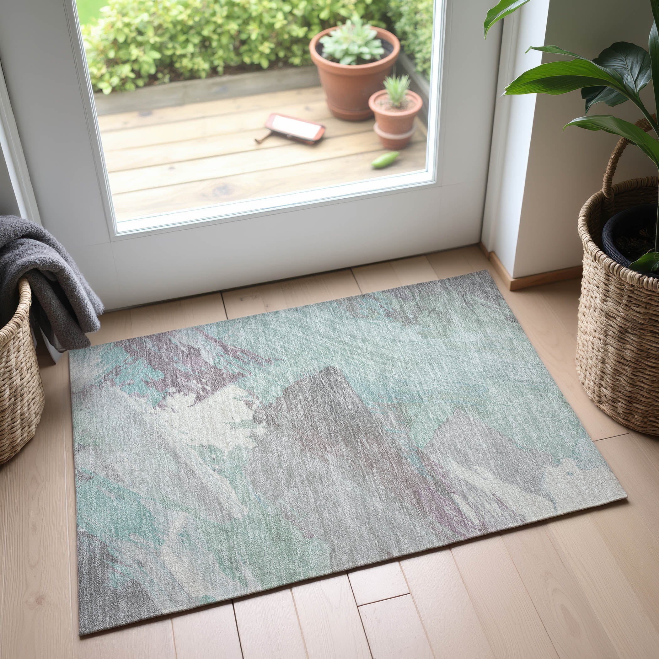 Mostar Machine Washable Transitional Seafoam Blue Rug 1'8" x 2'6" #shape_Rectangle