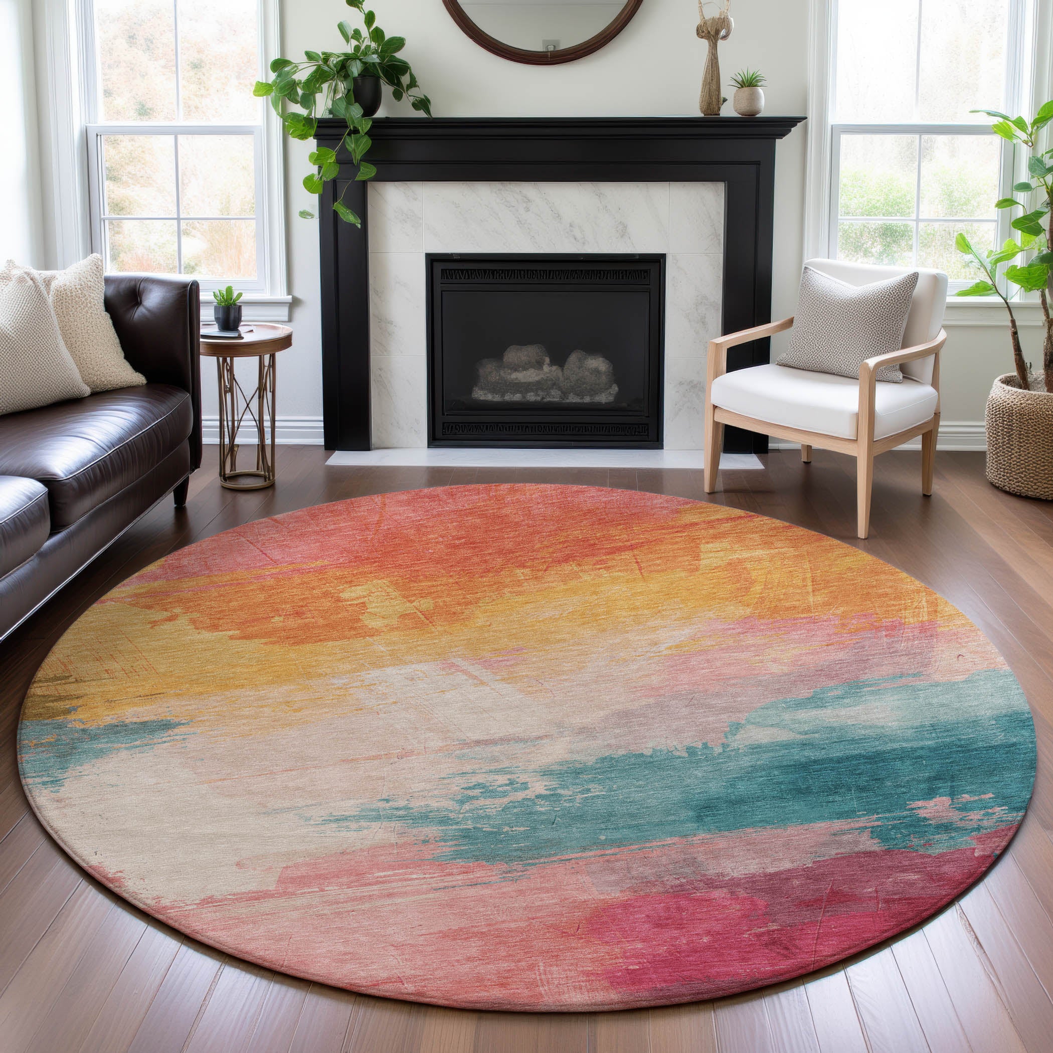 Nairobi Machine Washable Transitional Pink Rug 8' x 8' #shape_Round